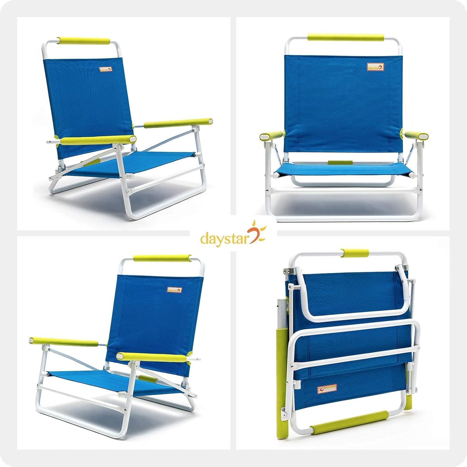 Collage of a blue folding chair with yellow accents and white frame, featuring the Daystar brand logo.