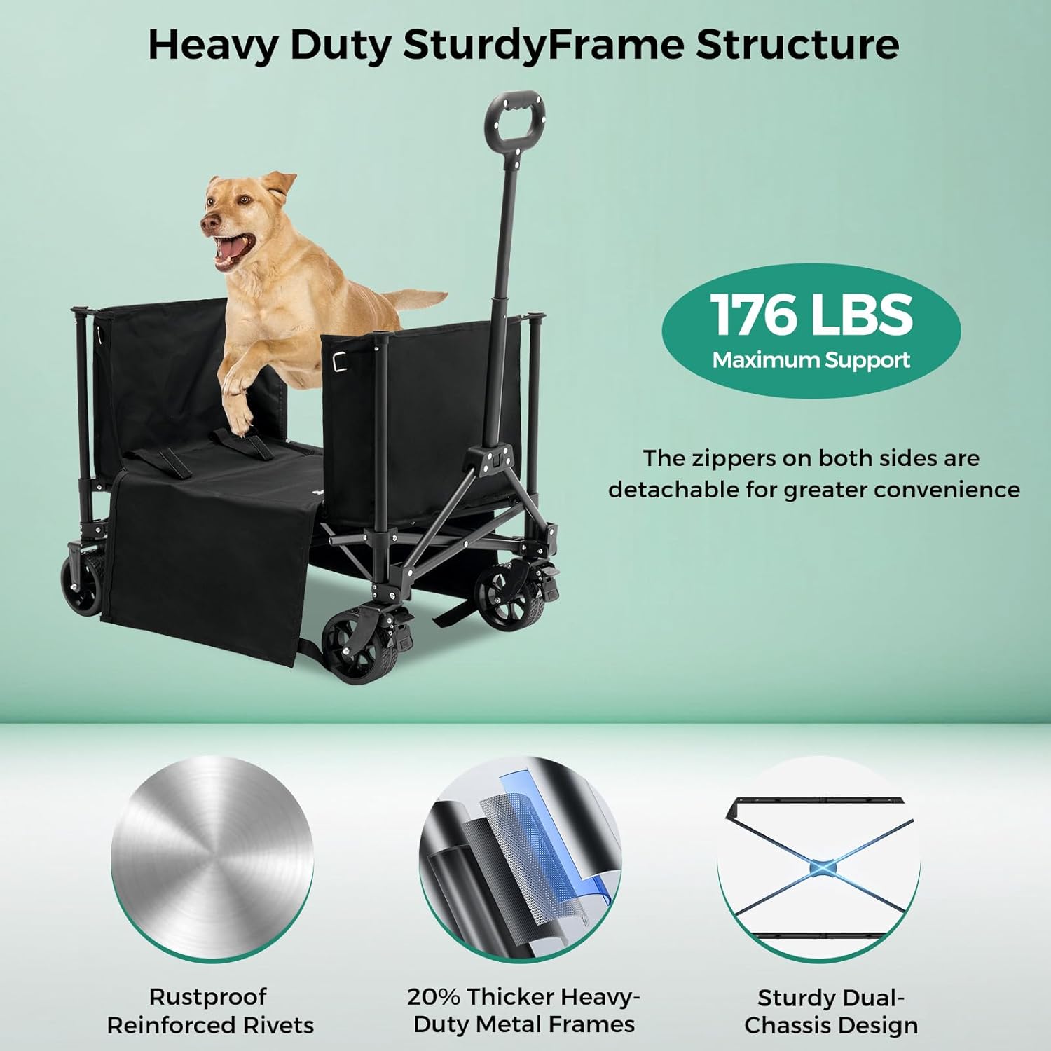 Dog cart with a dog on it, highlighting its heavy-duty features and maximum support capacity.