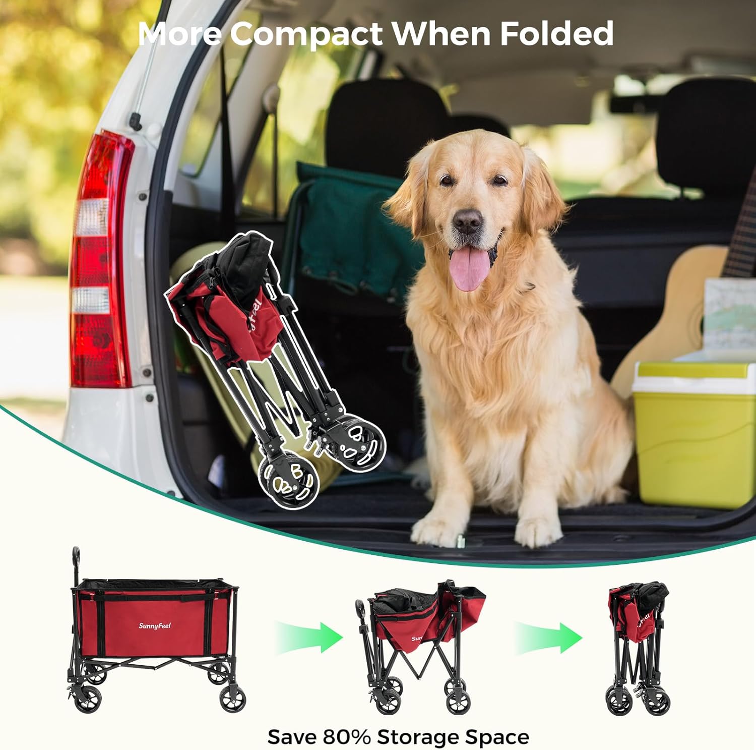 Dog sitting in a car with a folded red pet stroller next to it, emphasizing compact storage.