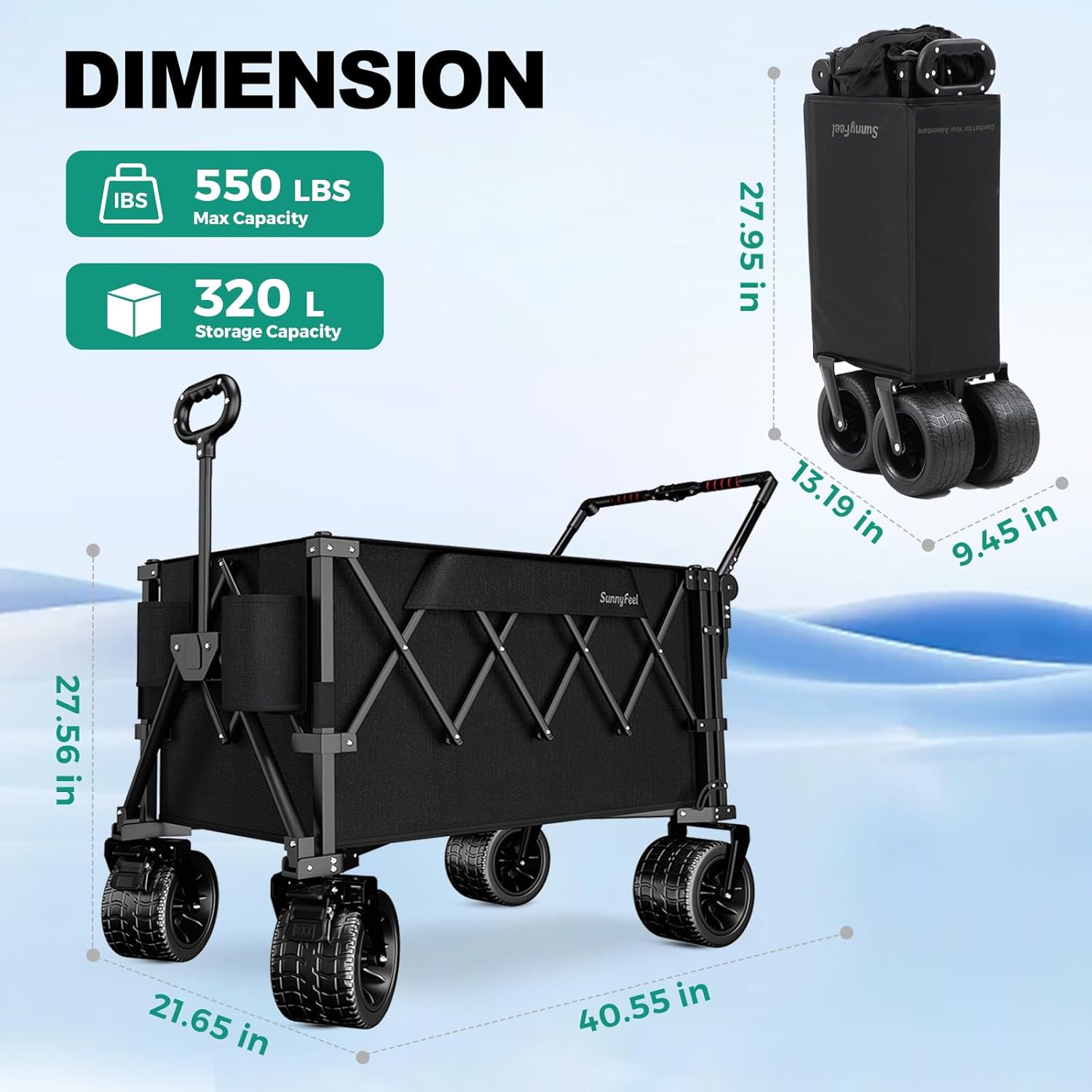 SUNNYFEEL Pro 550LB Collapsible Wagon – Heavy-Duty Folding Cart with Dual Handles, Large Wheels & Tailgate