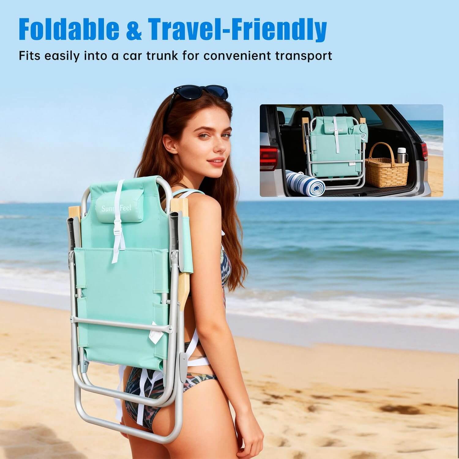 Woman on a beach with a foldable chair and cooler, text about foldable and travel-friendly design.