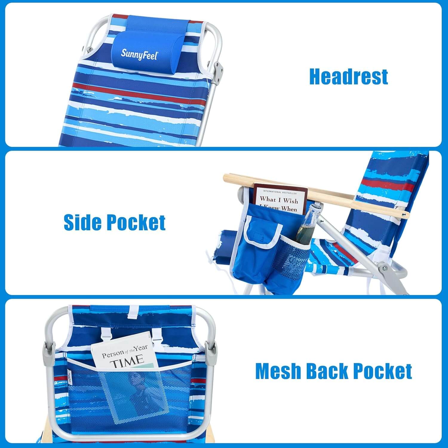 Blue striped folding chair with labeled features on a white background