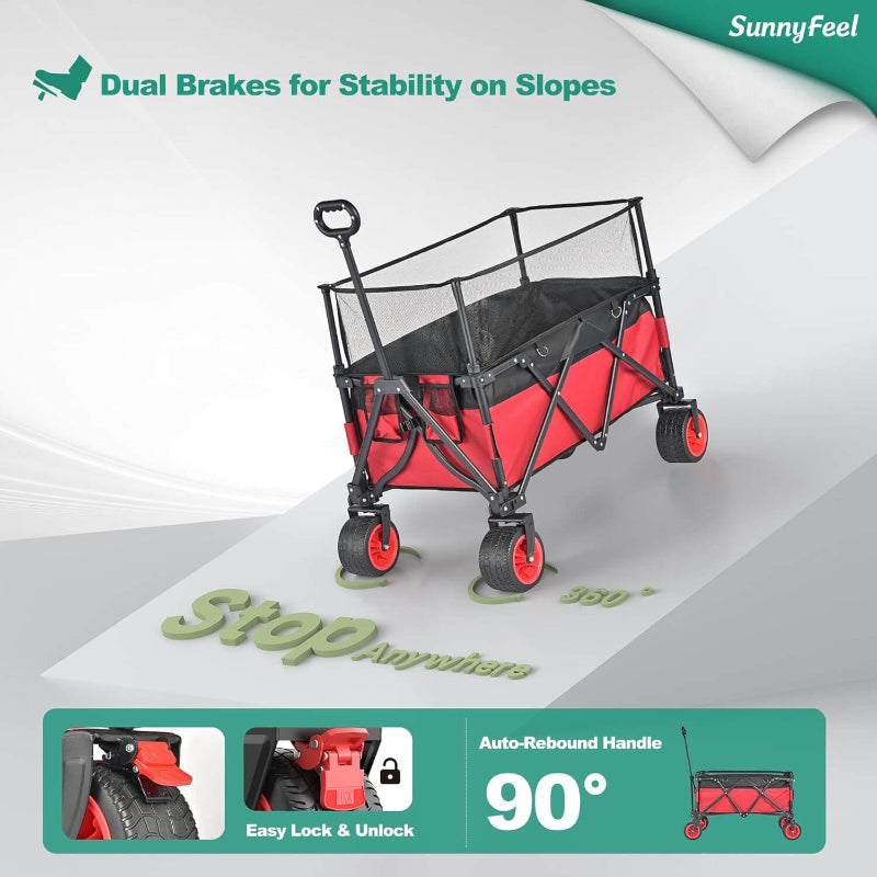 Red wagon with black cover and dual brakes on a white background, featuring SunnyFeel branding.