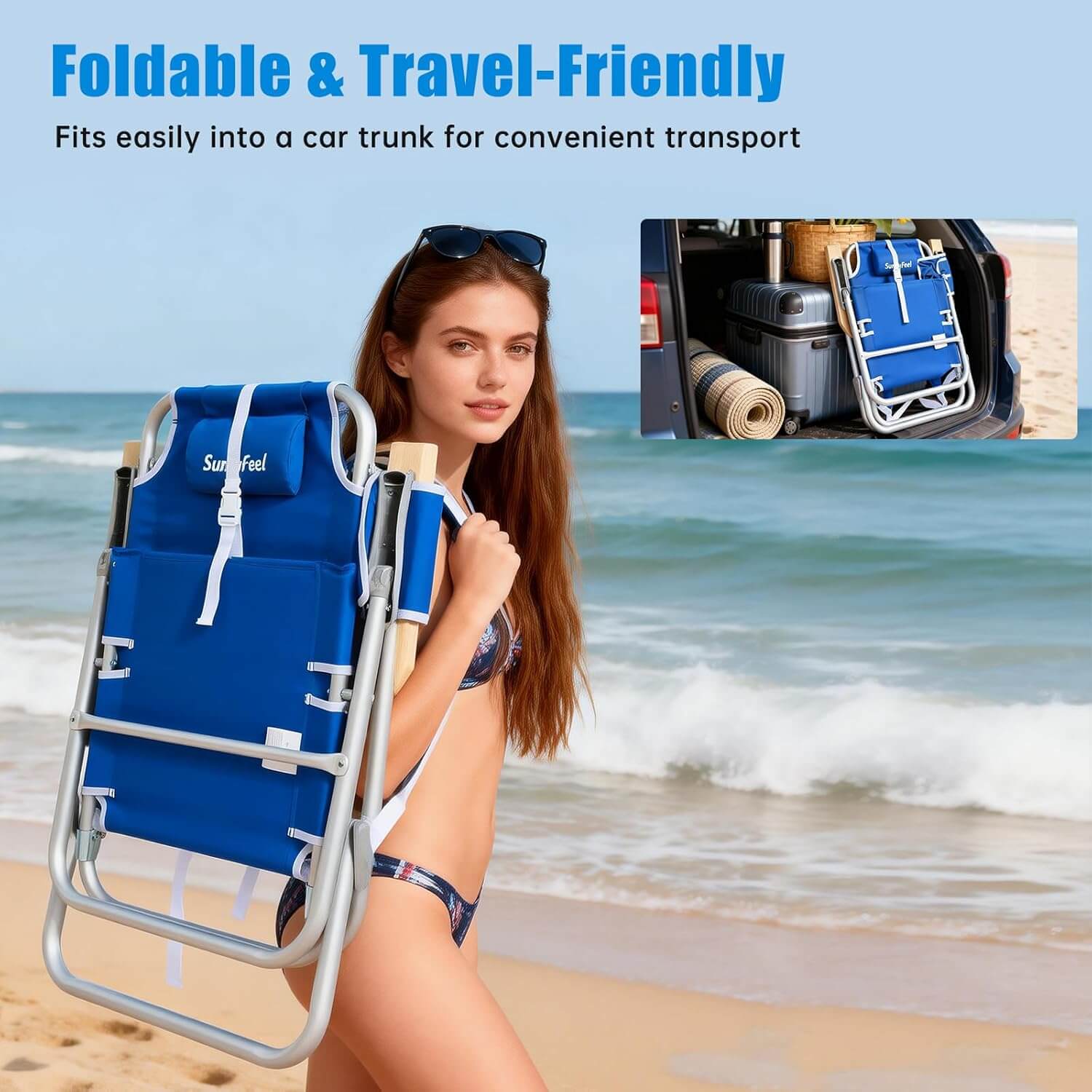 Woman on a beach holding a blue folding chair with text about its foldable and travel-friendly nature.