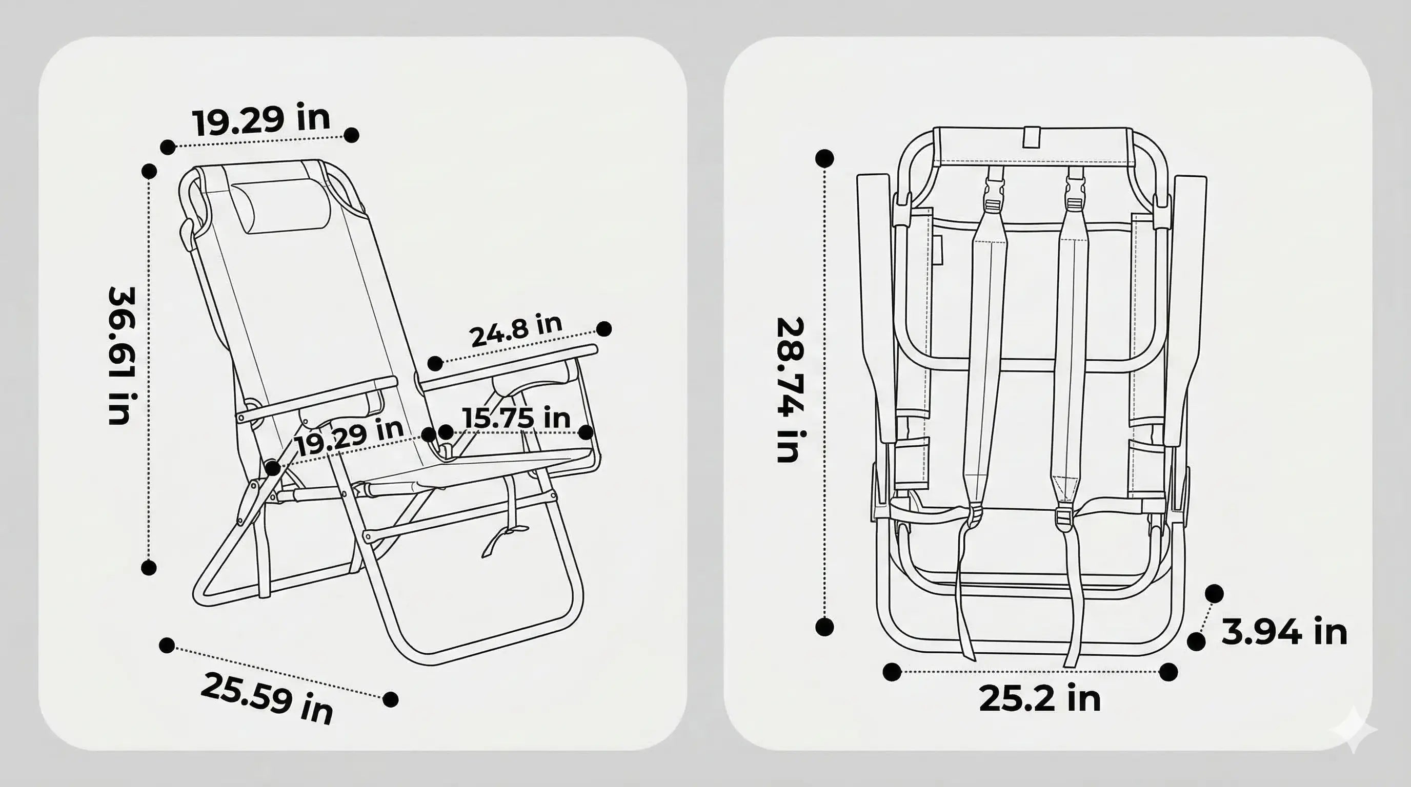 Measurement chart of a folding chair with dimensions labeled.