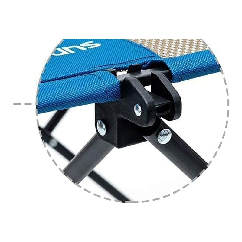 Close-up of a blue strap with a metal buckle on a white background