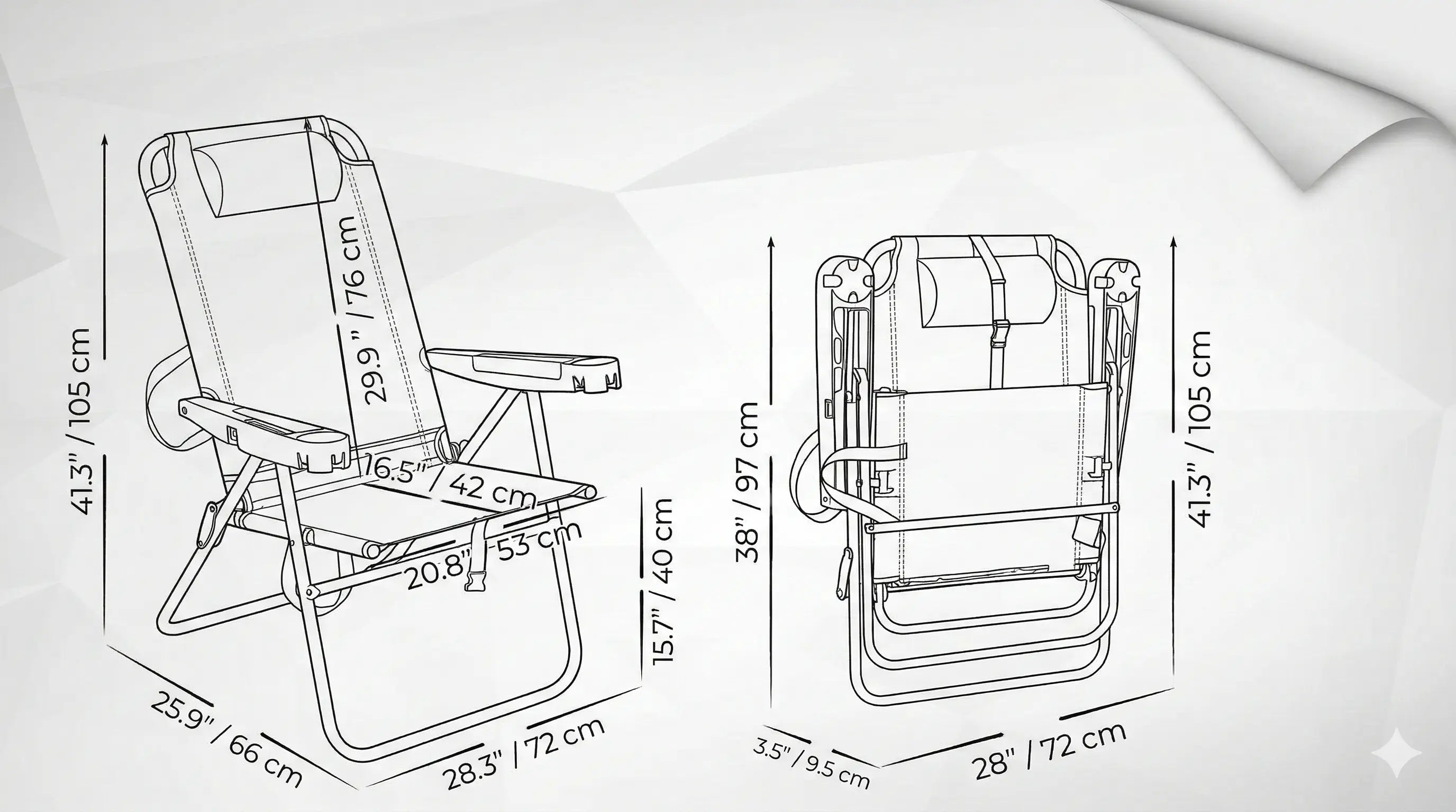 Measurement chart of a folding chair with dimensions labeled