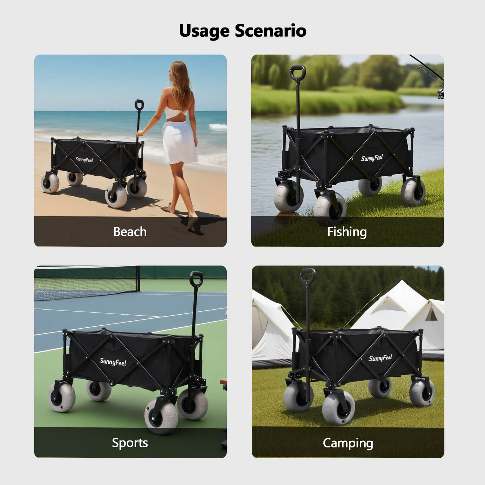 Usage scenario collage of a black folding wagon in various settings including beach, fishing, sports, and camping.