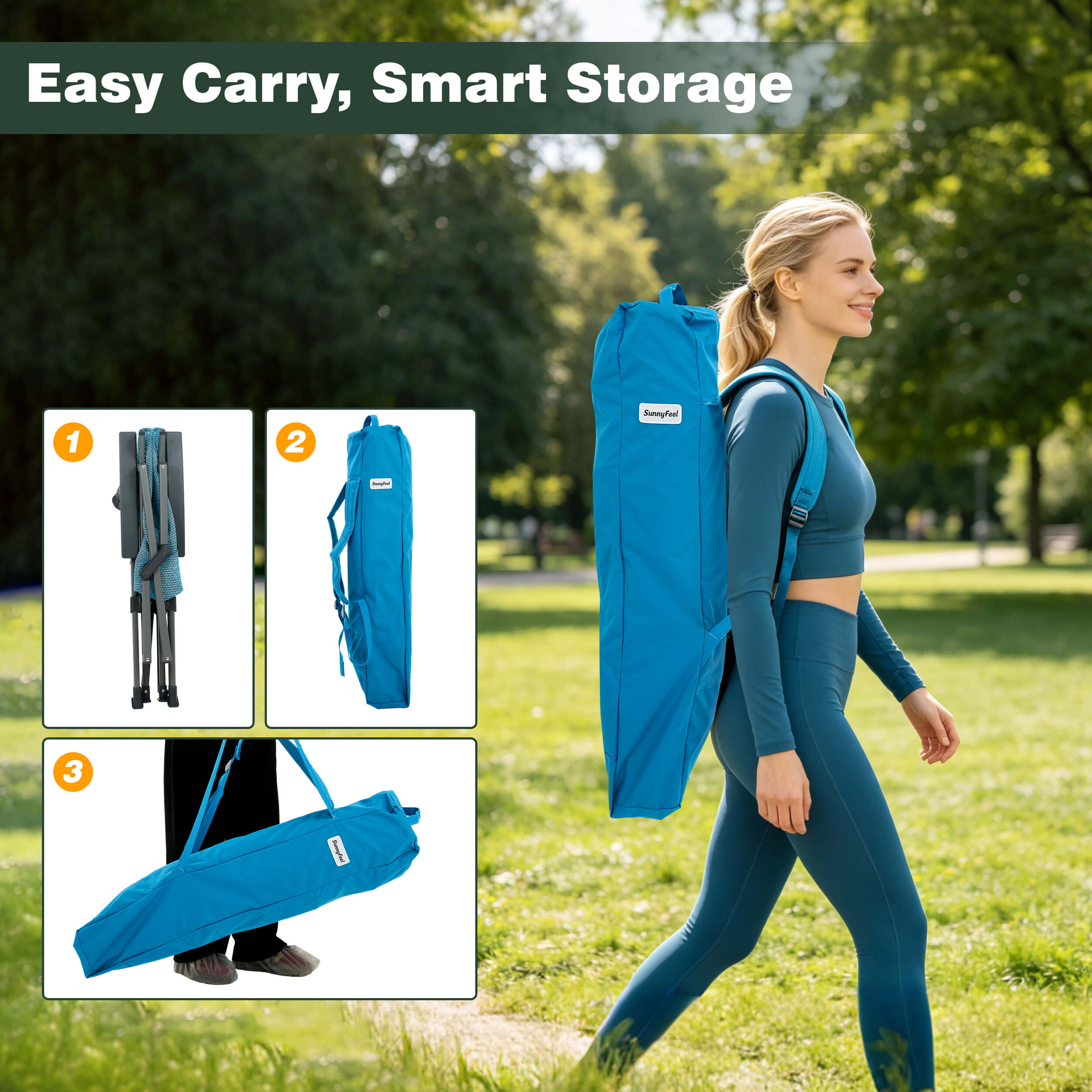 Woman carrying a blue yoga mat bag with outdoor scenery and product usage illustrations.