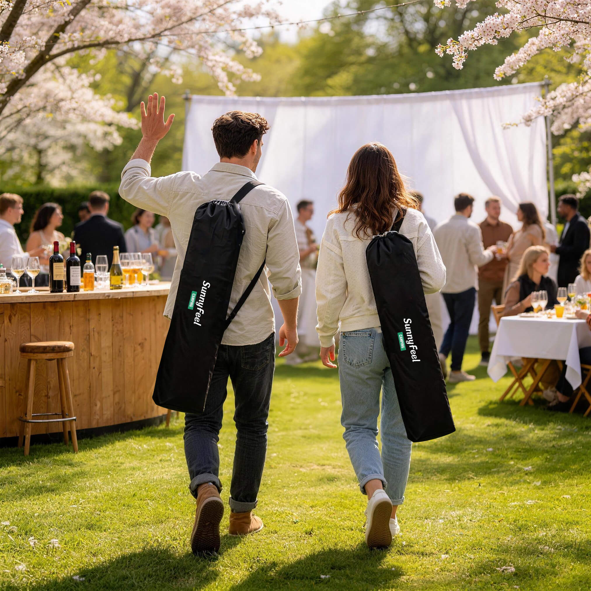 Two people walking in a garden with cherry blossoms, carrying Samsonite bags.