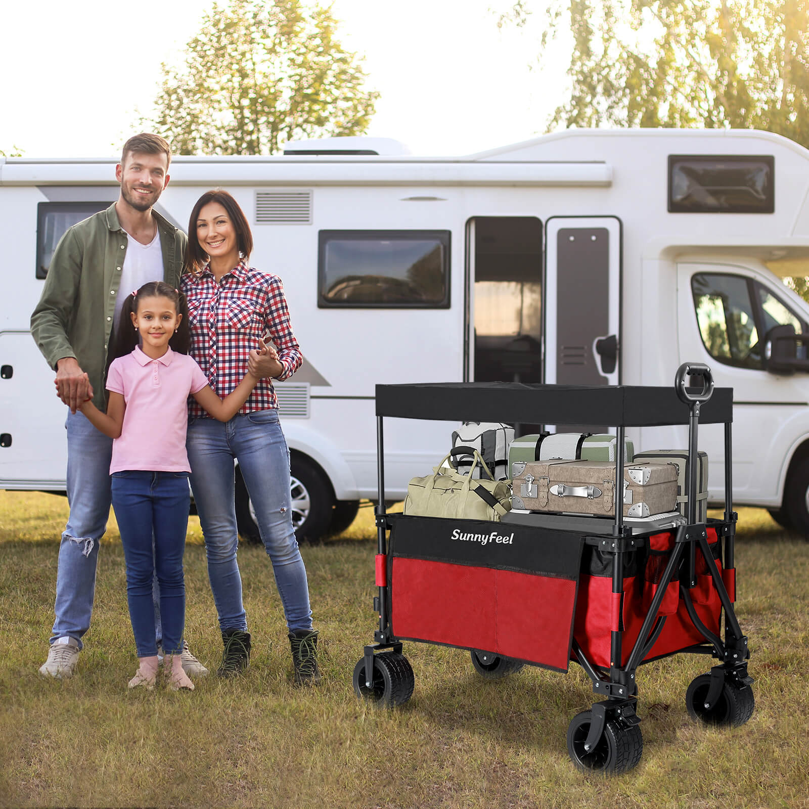 Family standing in front of an RV with a SunnyFood branded cart in the foreground.