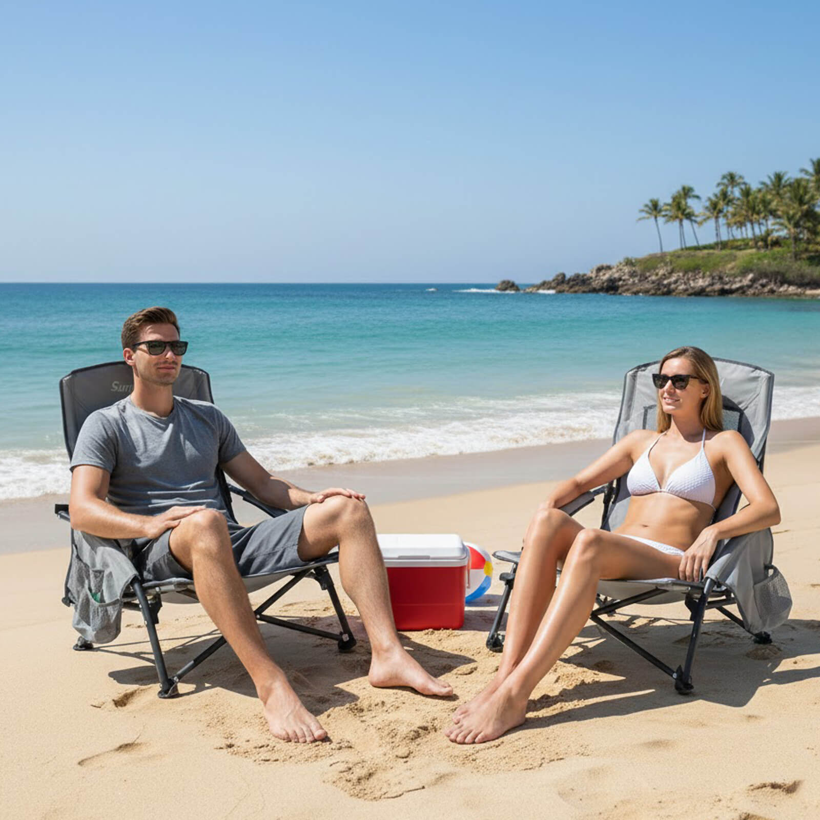 Two people sitting on beach chairs by the ocean