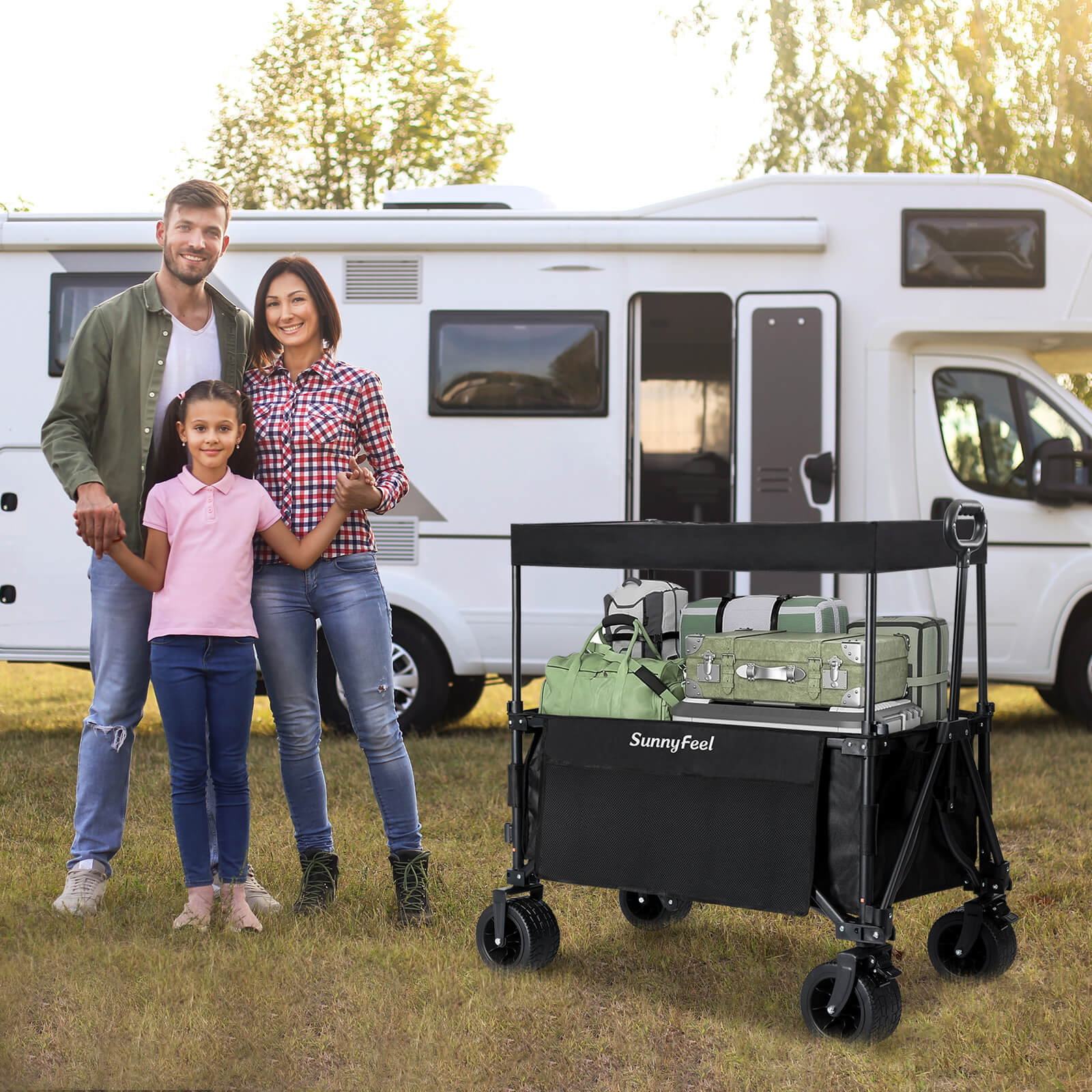 Family standing in front of an RV with a SunnyFuel cart in the foreground