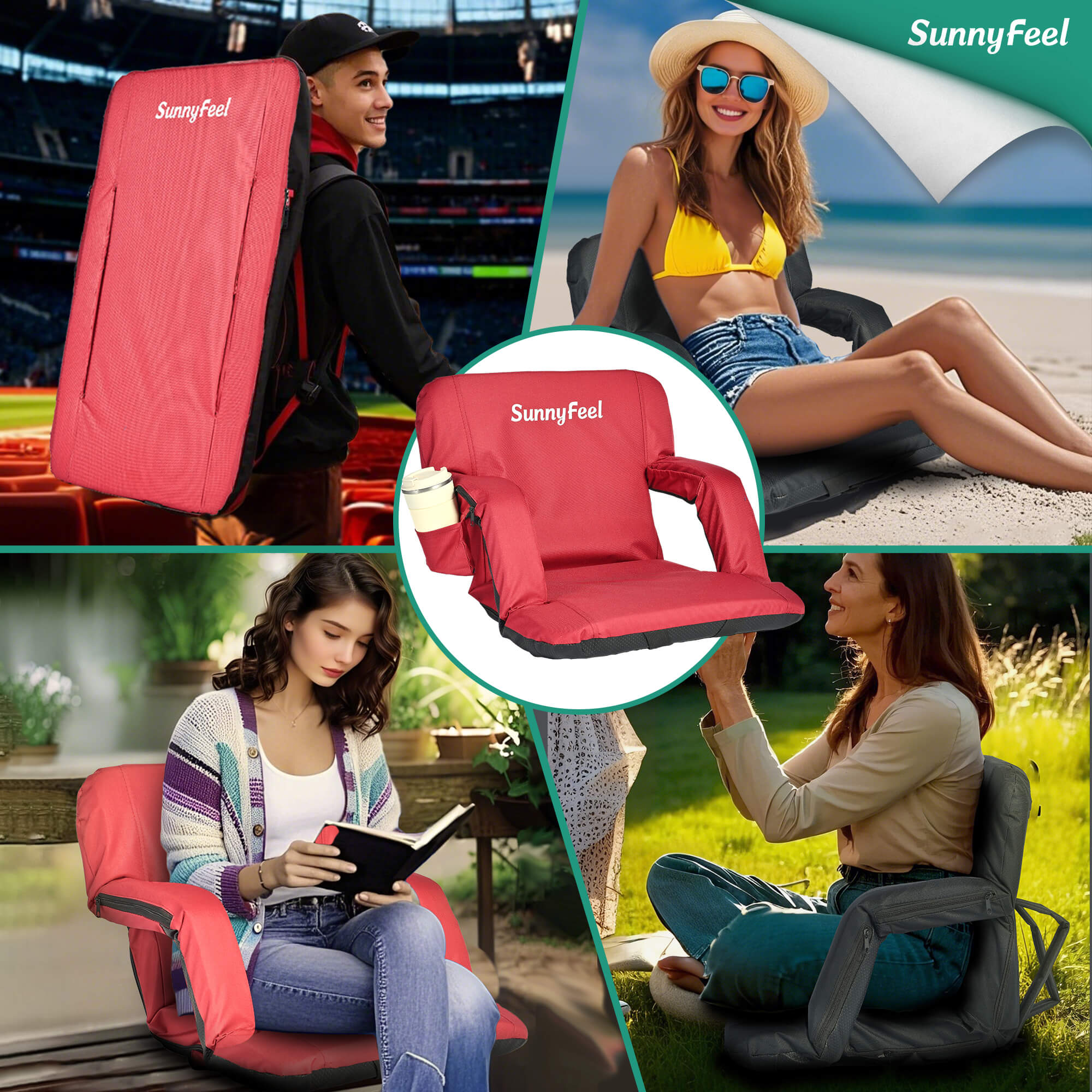 Collage of people using SunnyFeel red seat cushions in various settings.