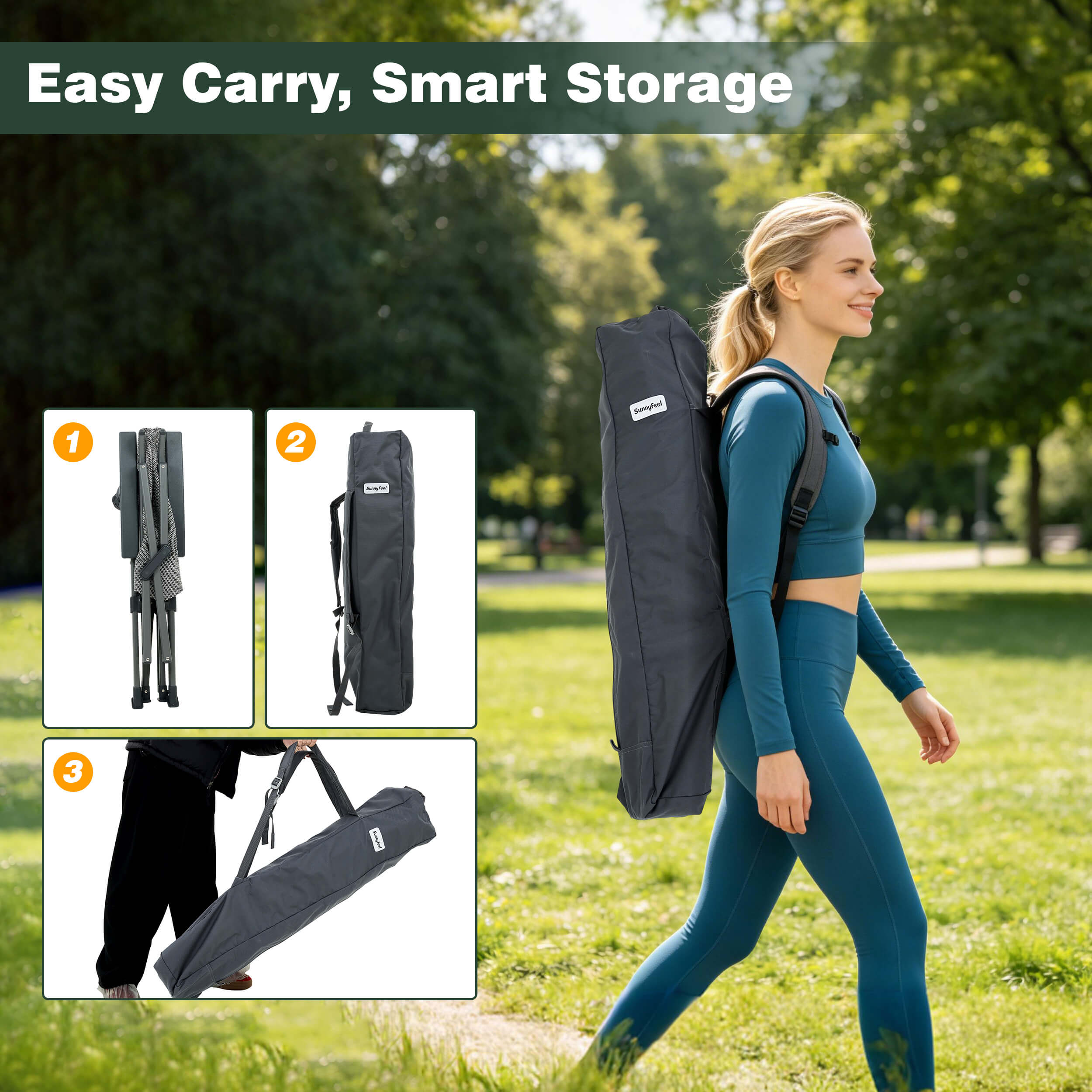 Woman carrying a black backpack with 'easy carry, smart storage' text and images of folded poles and backpack.