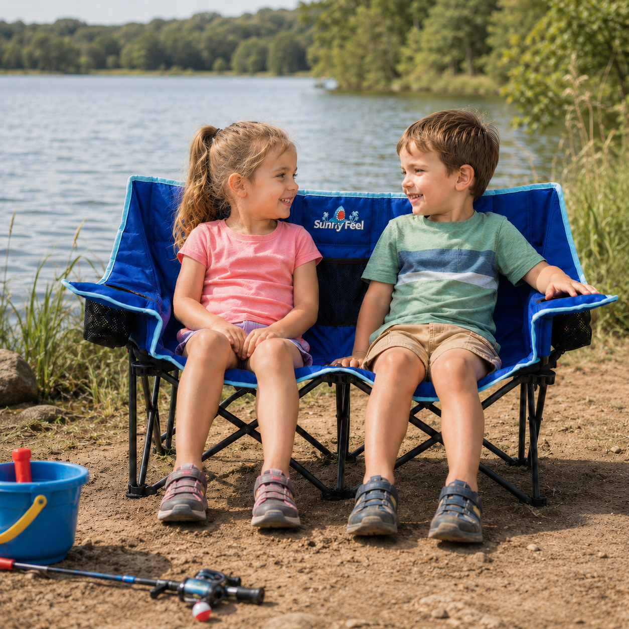 Blue SUNNYFEEL kids 2-seat folding camping chair with two children by the lake