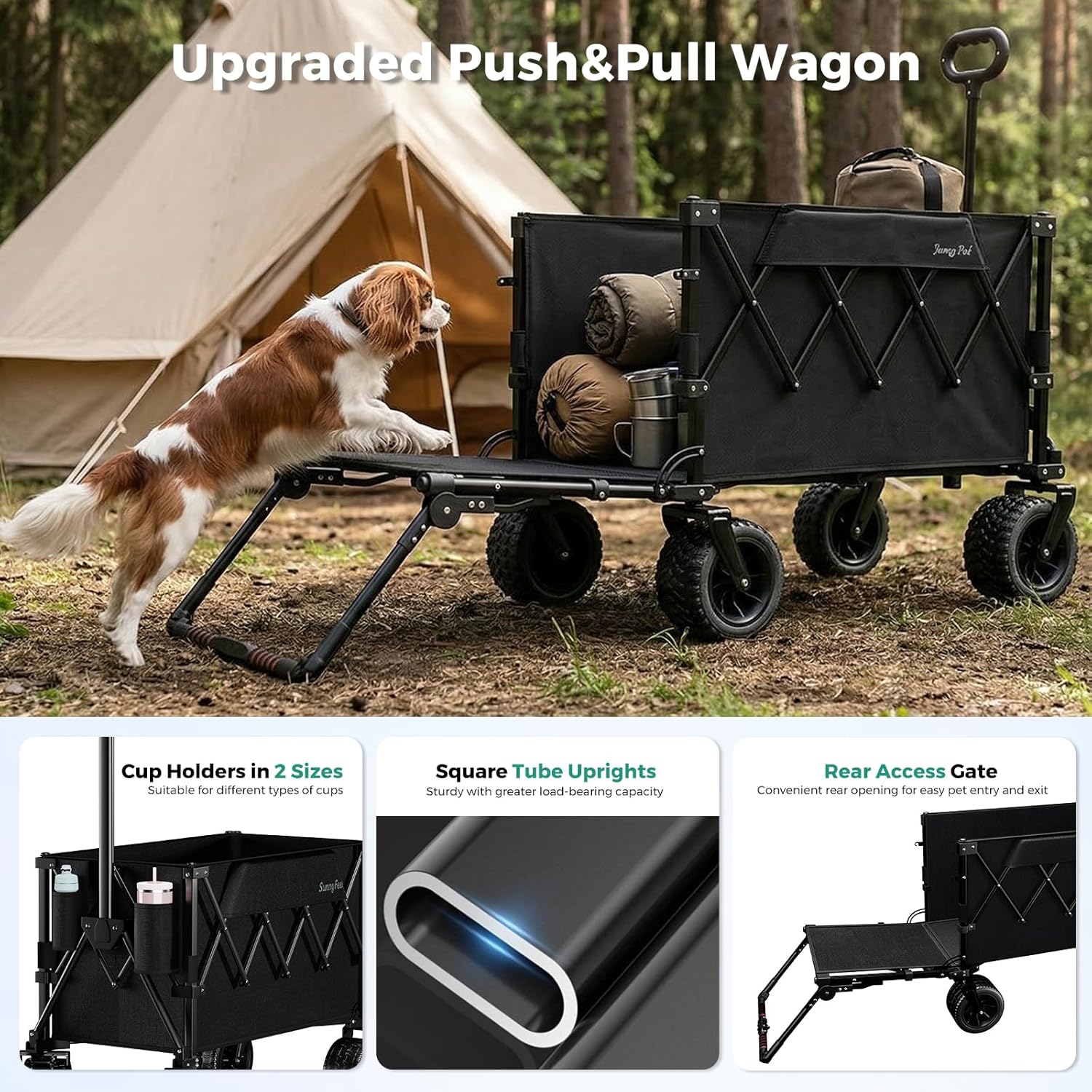 SUNNYFEEL Pro 550LB Collapsible Wagon – Heavy-Duty Folding Cart with Dual Handles, Large Wheels & Tailgate