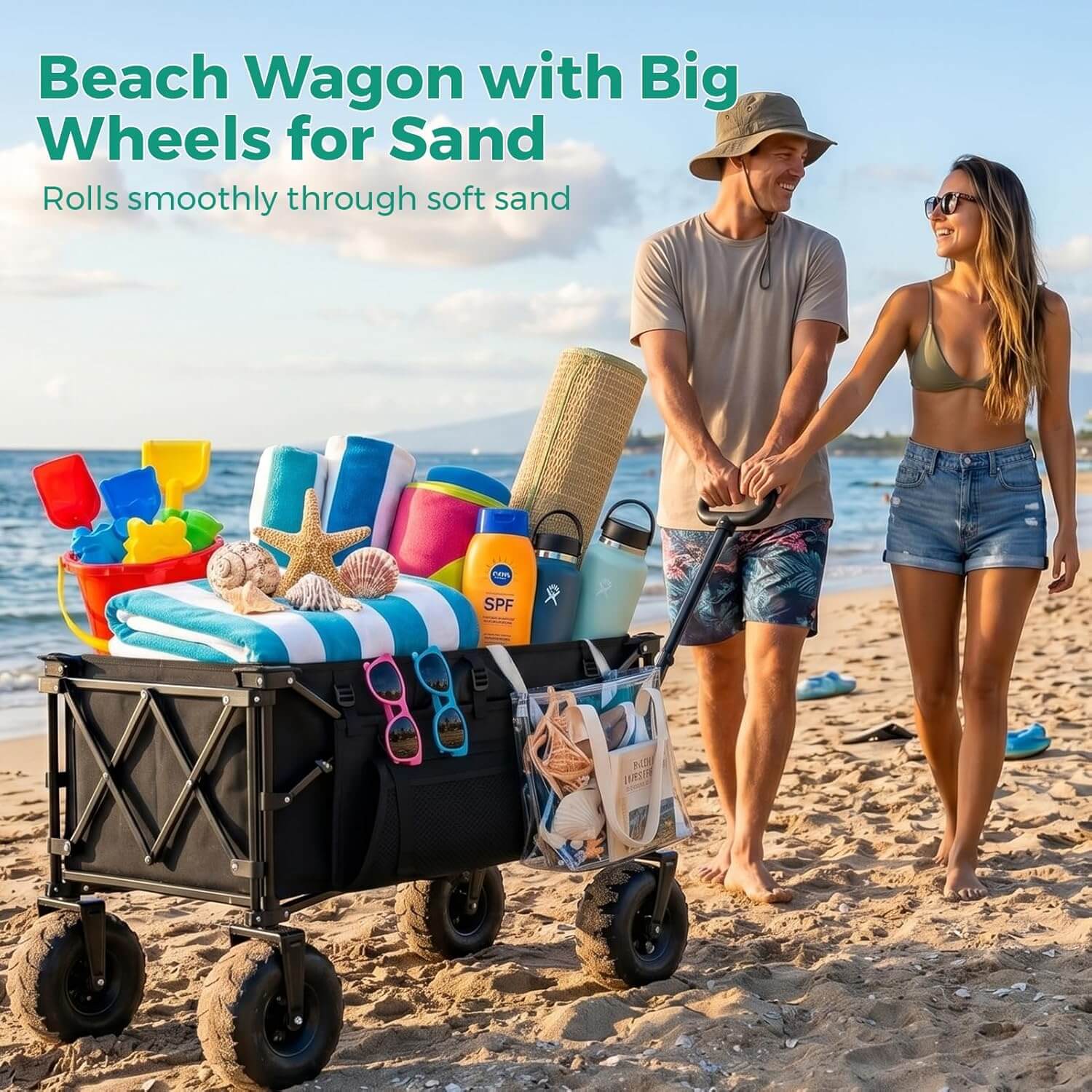 SUNNYFEEL Premium Beach Wagon with Balloon Wheels for Sand