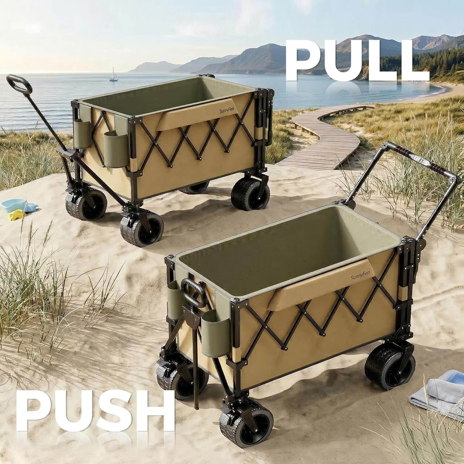 SUNNYFEEL Pro 550LB Collapsible Wagon – Heavy-Duty Folding Cart with Dual Handles, Large Wheels & Tailgate