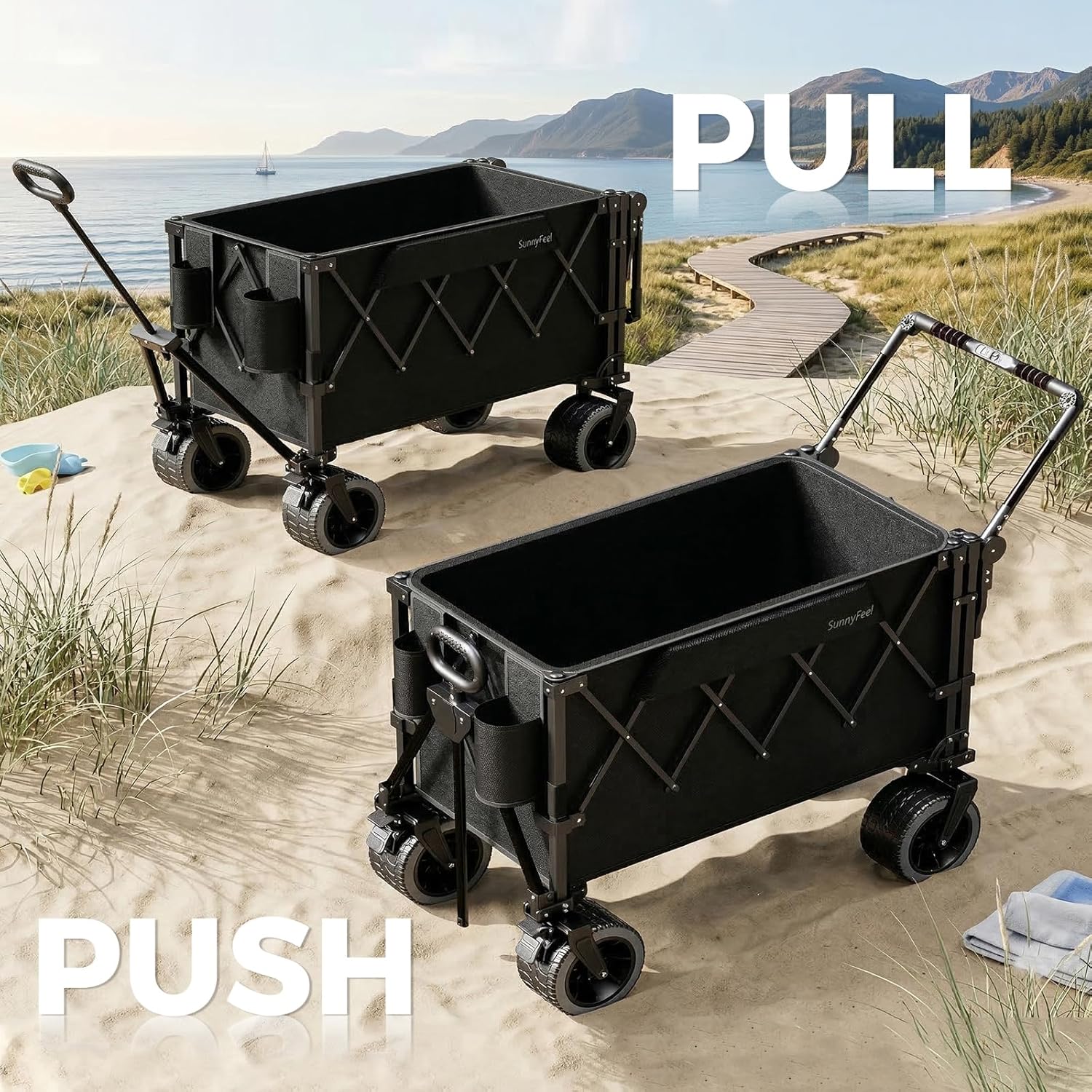 SUNNYFEEL Pro 550LB Collapsible Wagon – Heavy-Duty Folding Cart with Dual Handles, Large Wheels & Tailgate