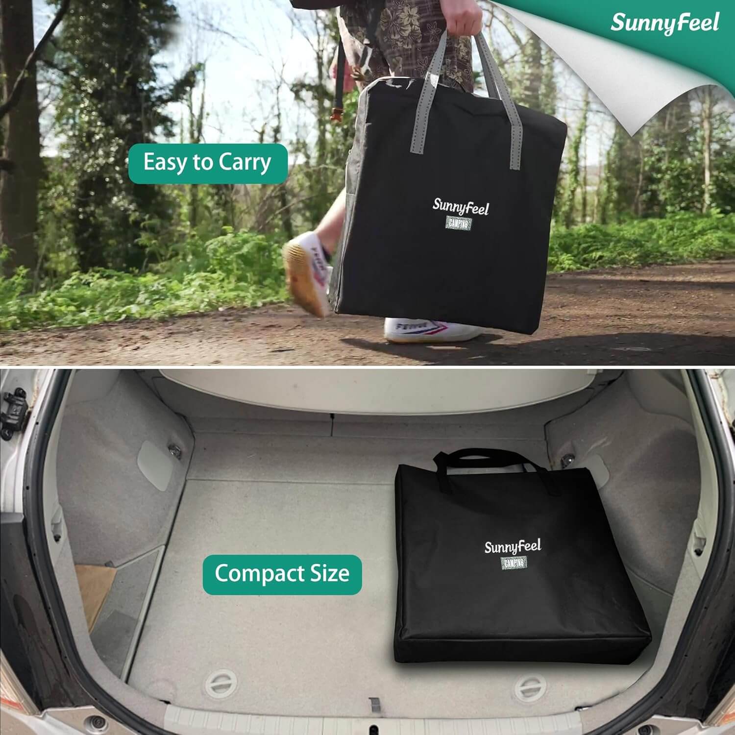 Black tote bag with 'SunnyFeel' branding being carried and placed in a car trunk.