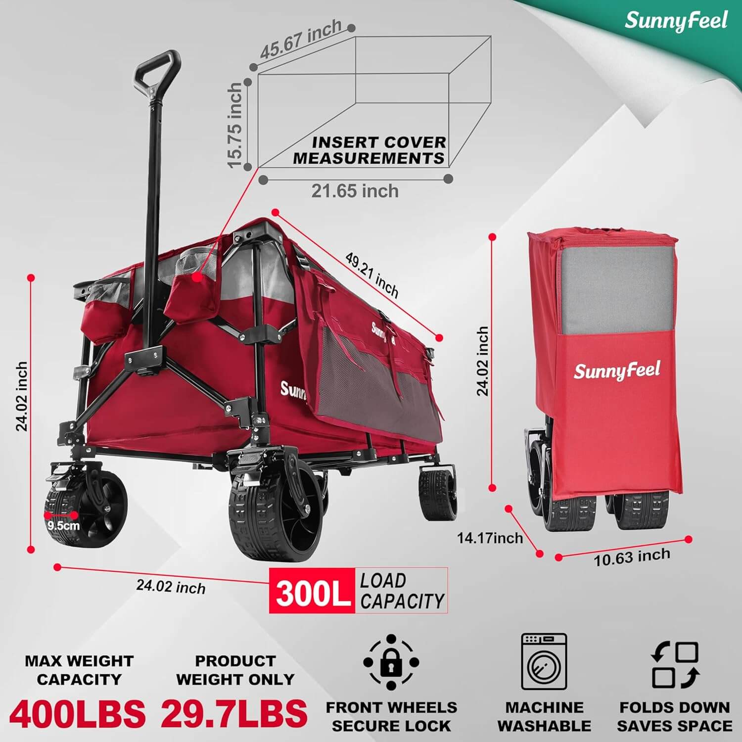 SUNNYFEEL 49" Extra-Long Collapsible Wagon – 550LB Heavy-Duty Folding Cart with Big Wheels