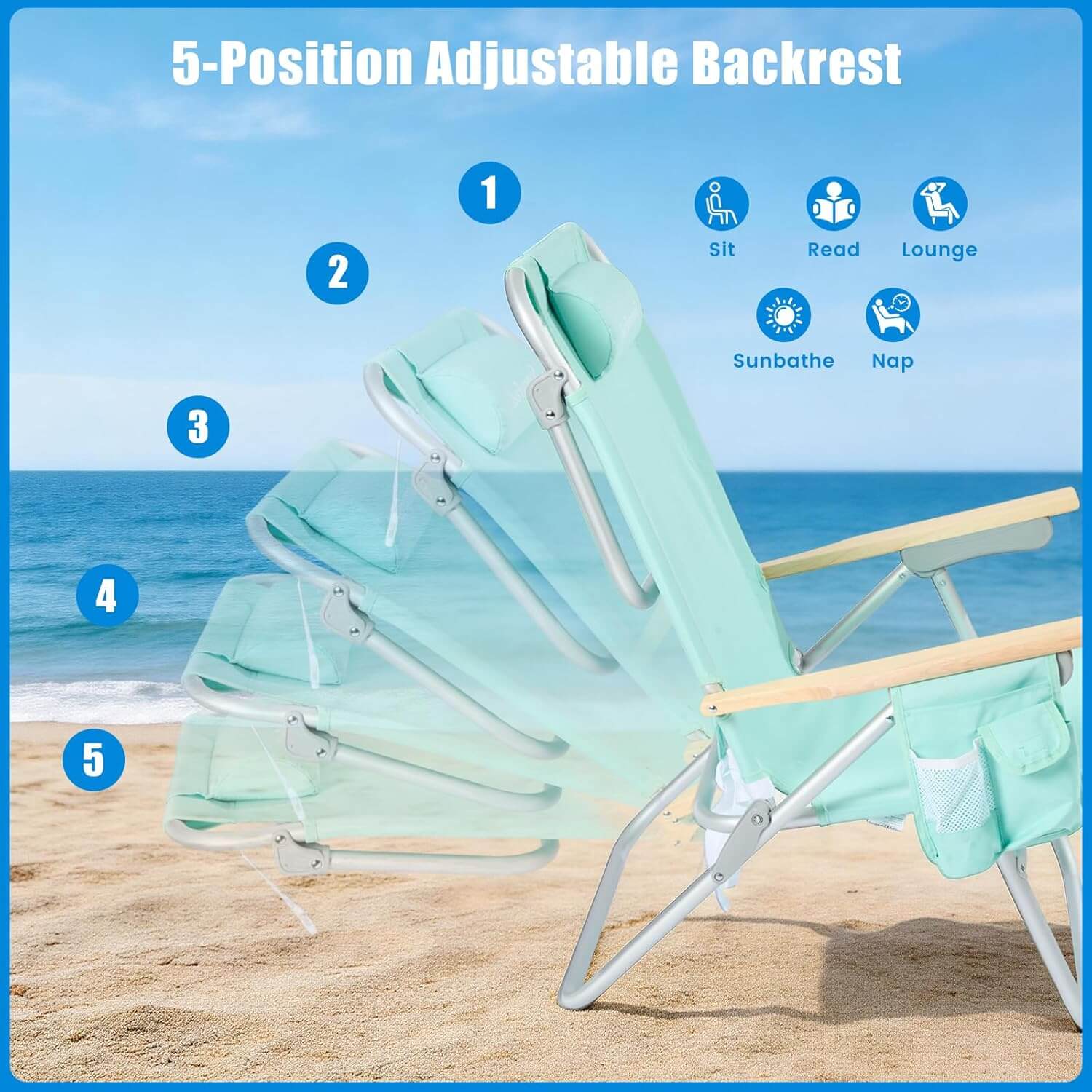 Foldable beach chair with adjustable backrest on a sandy beach with ocean view