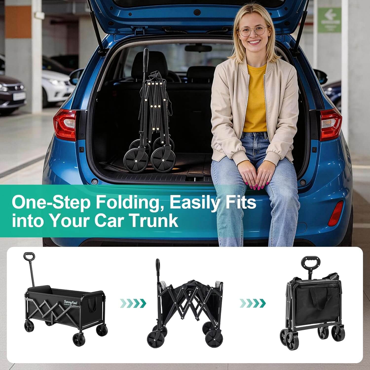 Woman sitting in a car trunk with a folded folding cart, with text highlighting its features.