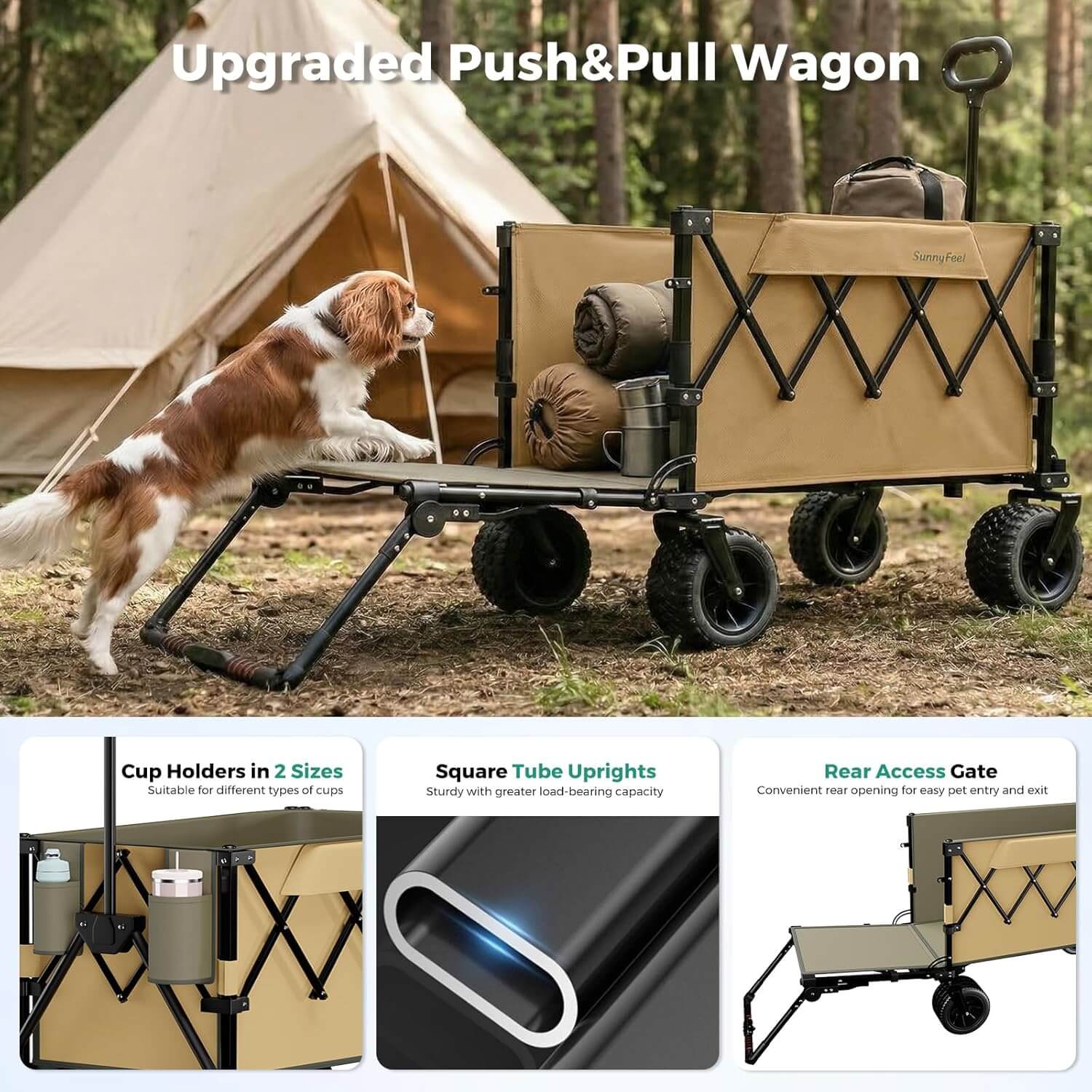 SUNNYFEEL Pro 550LB Collapsible Wagon – Heavy-Duty Folding Cart with Dual Handles, Large Wheels & Tailgate