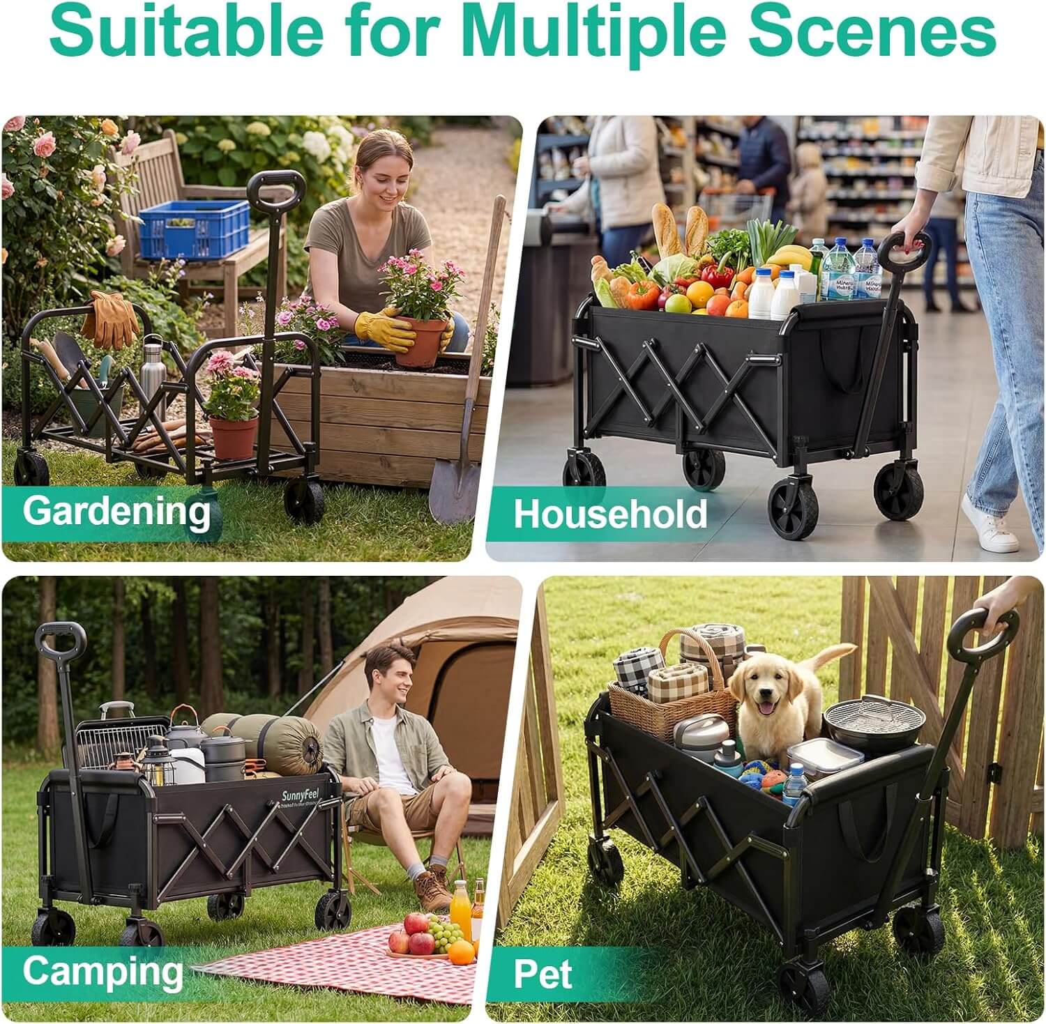 Collage of a black folding wagon used for gardening, household chores, camping, and pet care.