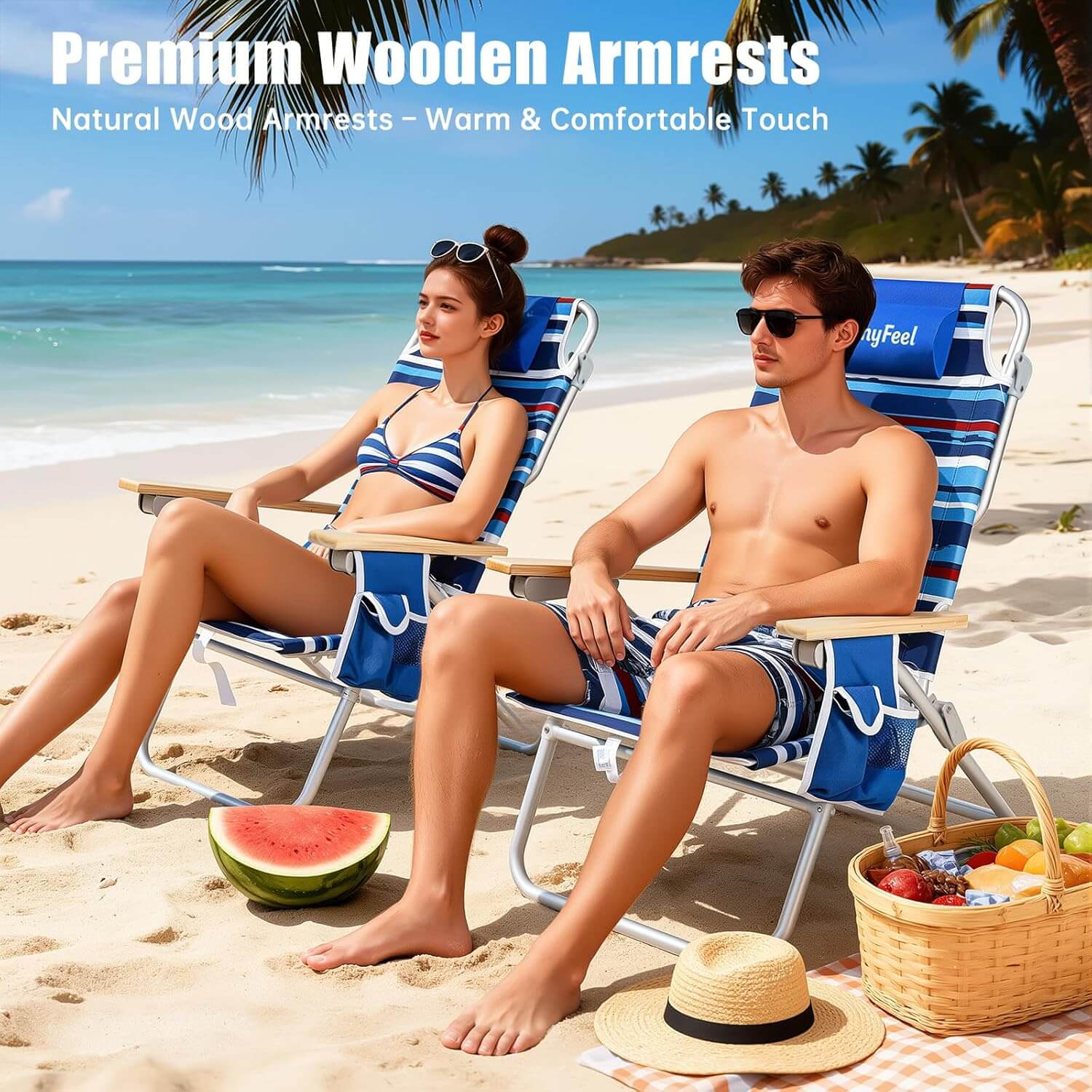 Couple sitting on beach chairs with premium wooden armrests, enjoying a sunny day at the beach.