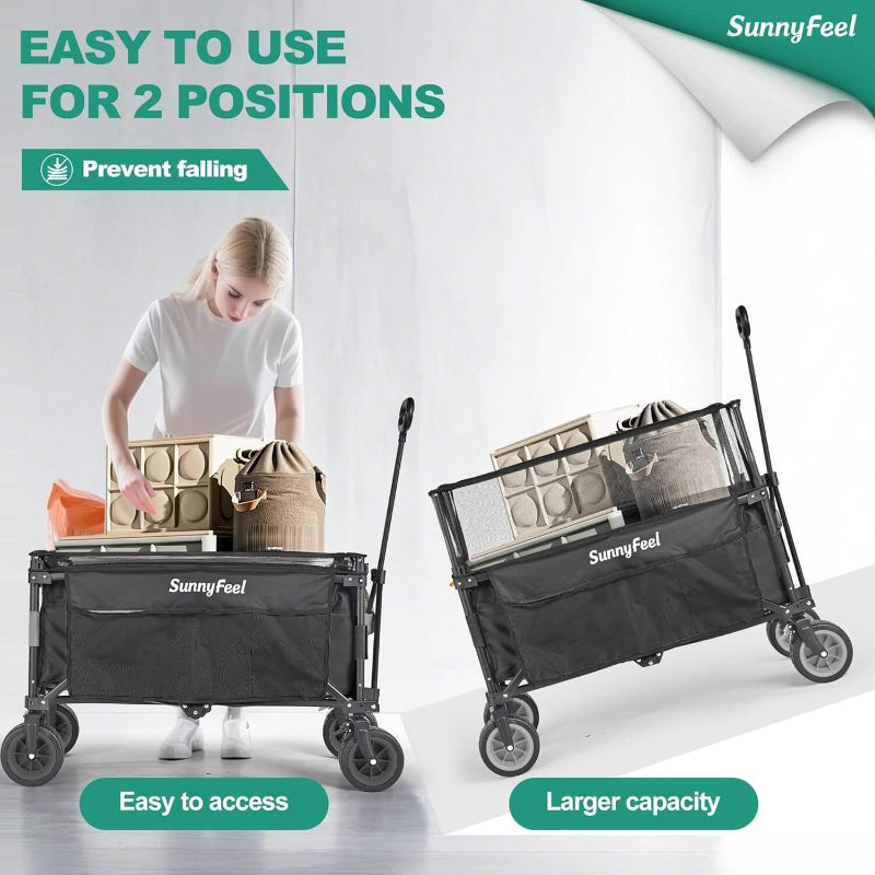 Two SunnyFeel folding carts with a person using one of them, on a white background.