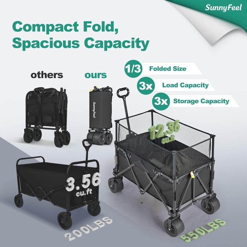 Comparison of a folding cart with 'others' and 'ours' labels, highlighting capacity and weight.
