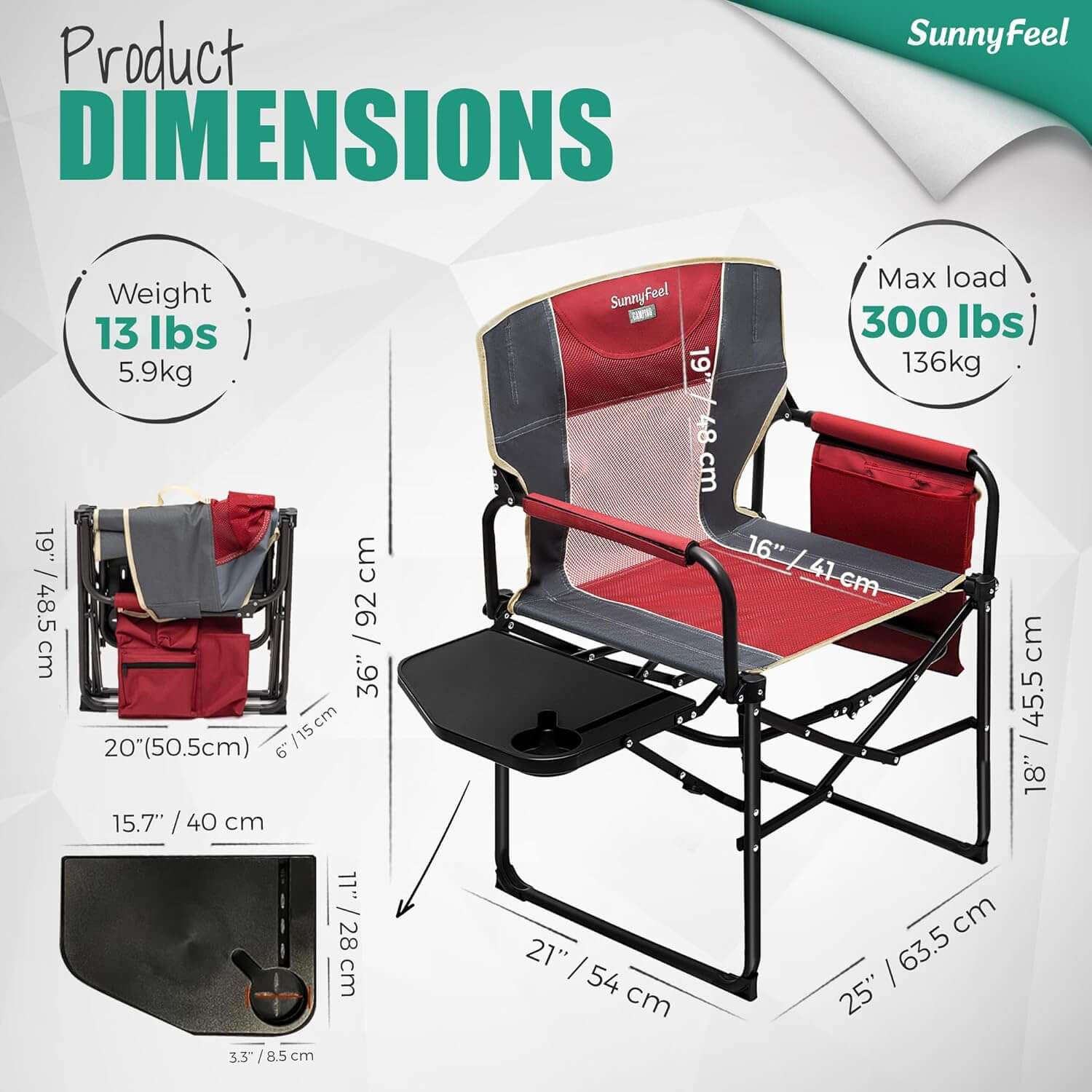 Product dimensions chart for a SunnyFeel chair with weight and max load information.