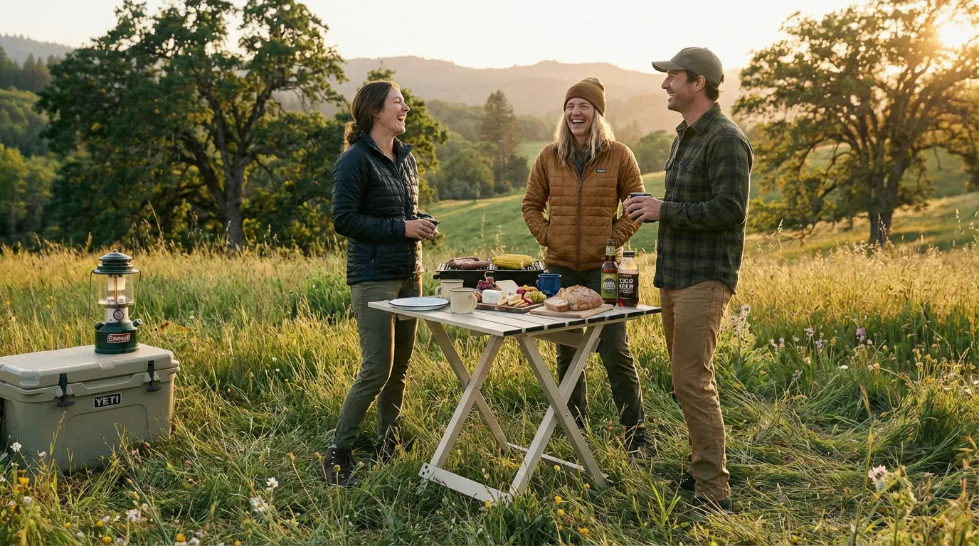 Three people standing around a table with food in a field during sunset.