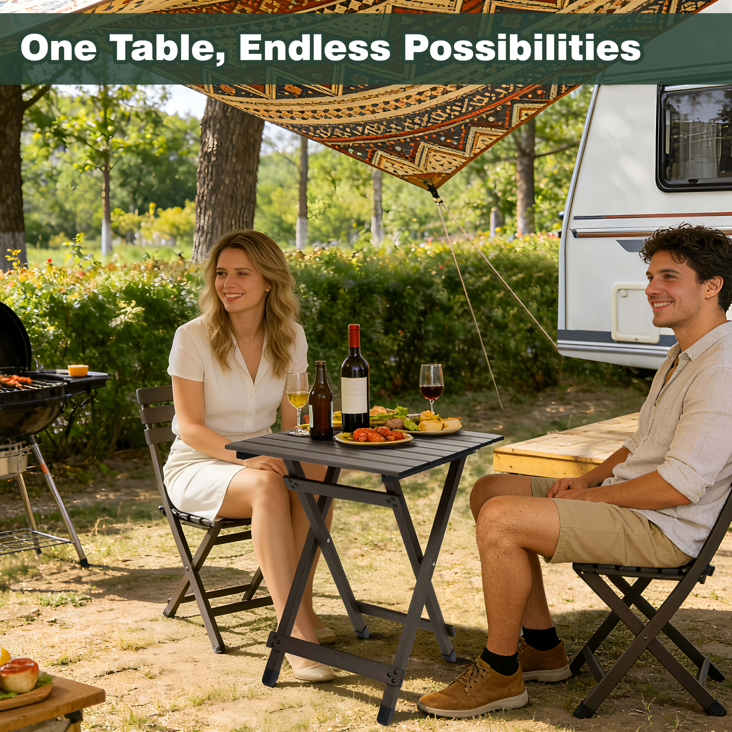 Two people sitting at a small table outdoors with a camper van in the background, enjoying food and drinks.