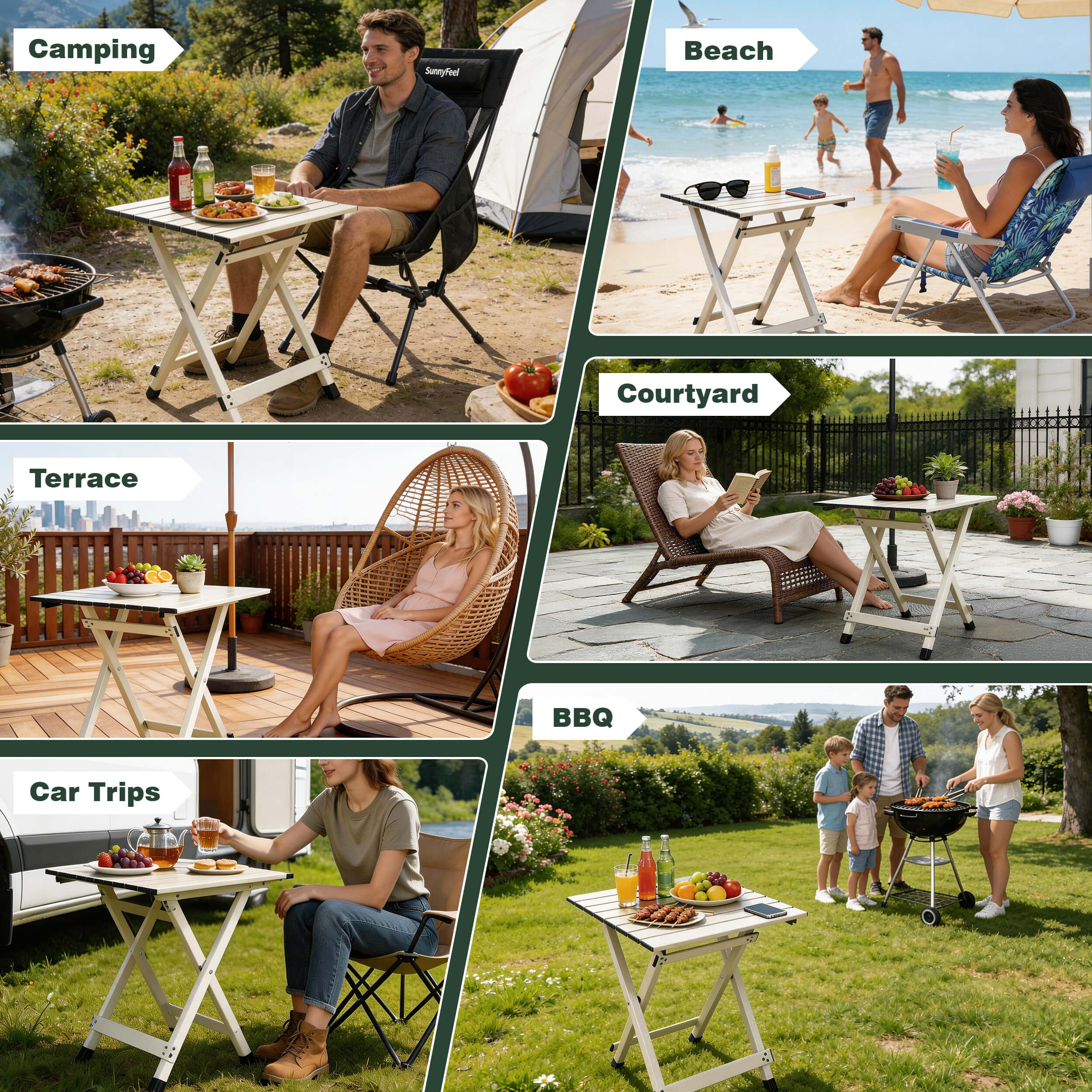 Collage of people using a portable folding table in various outdoor settings including camping, beach, courtyard, terrace, and BBQ.