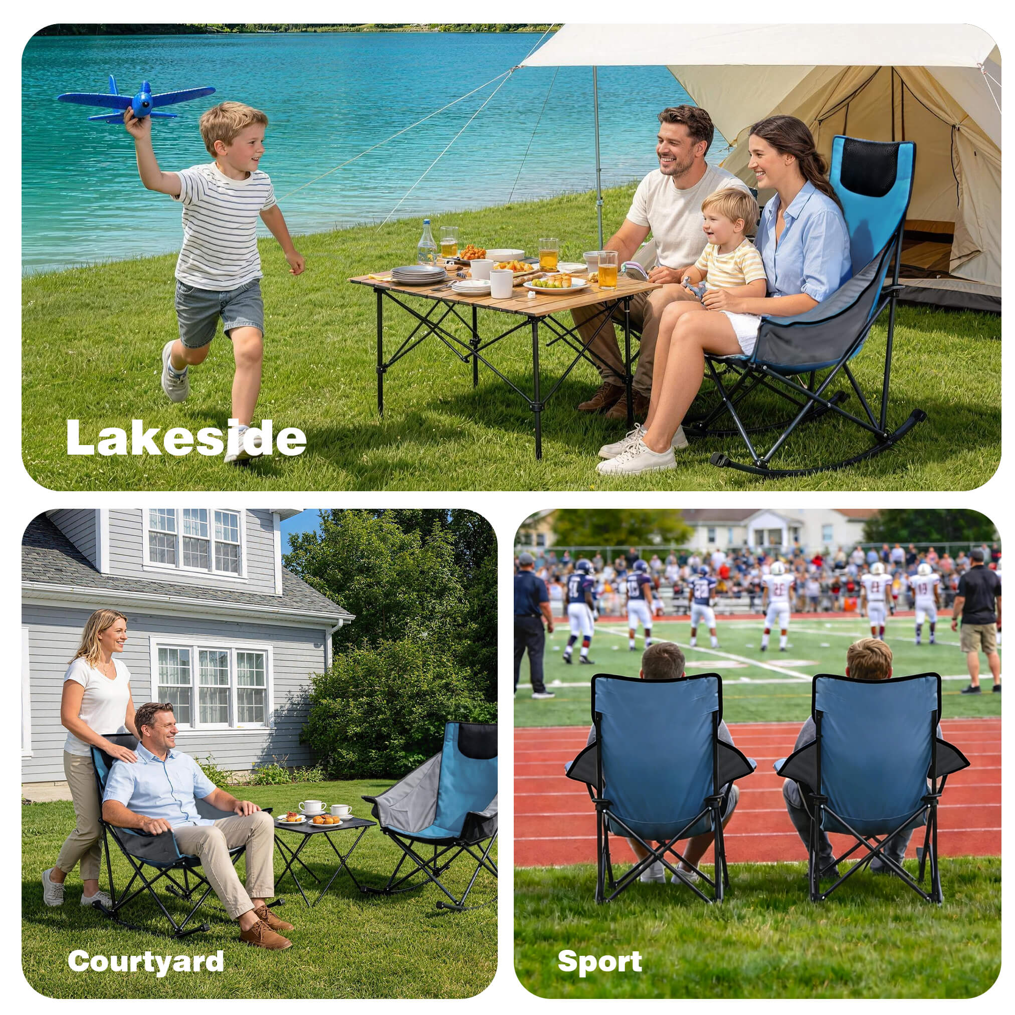 Collage of people using camping chairs in various settings including lakeside, courtyard, and sports event.
