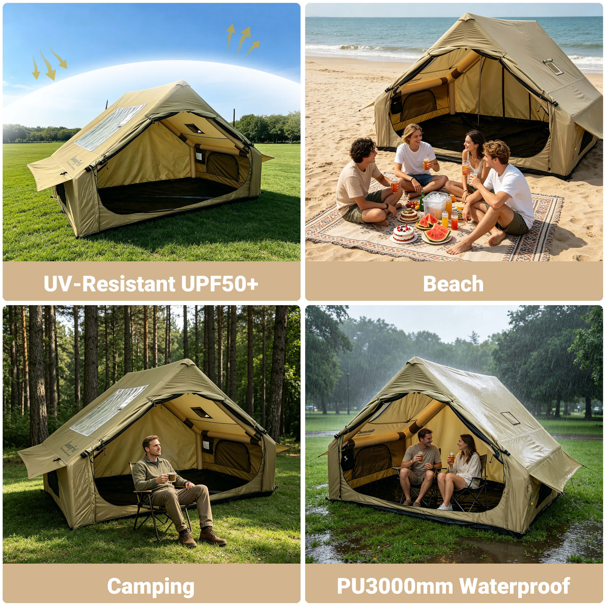 Collage of a beige camping tent in various settings with text highlighting features like UV resistance, beach use, and waterproofing.