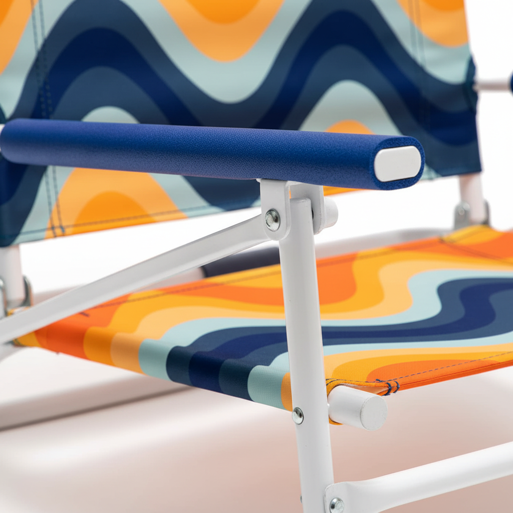 Colorful beach chair with a blue handle on a white background