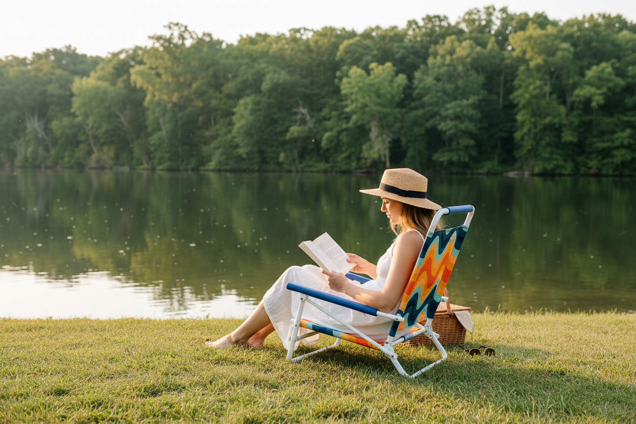 Woman reading a book on a colorful chair by a lake