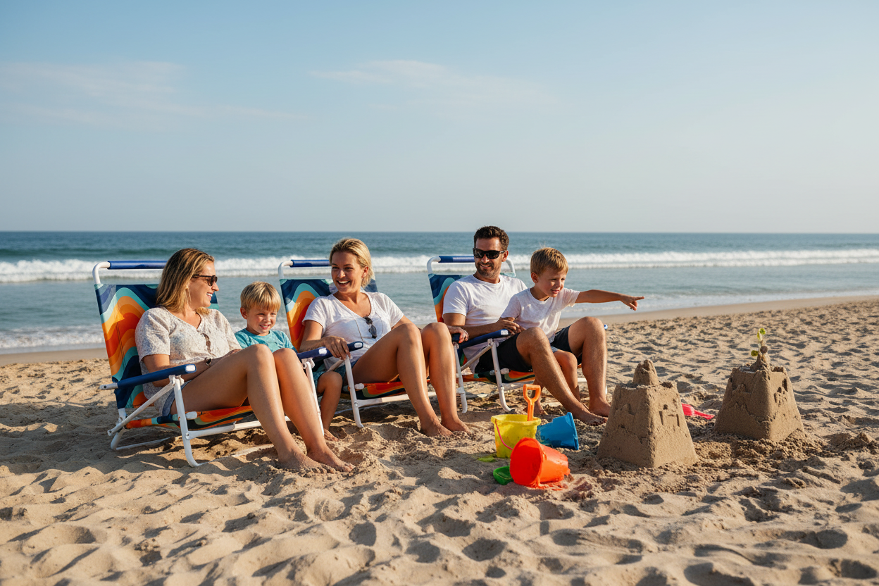 Family of four with beach chairs and sandcastles on a sandy beach.