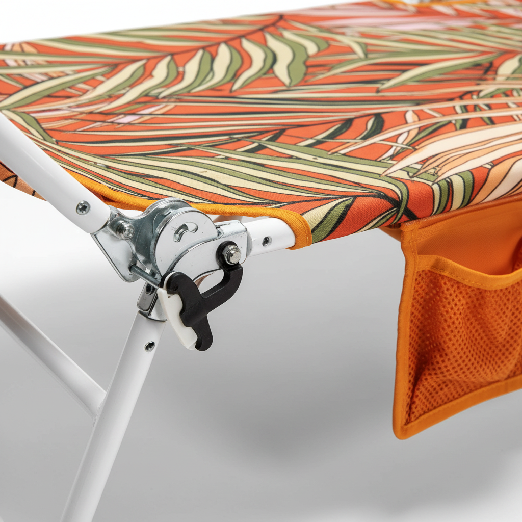 Portable folding table with a colorful leaf pattern and an orange pocket on a white background