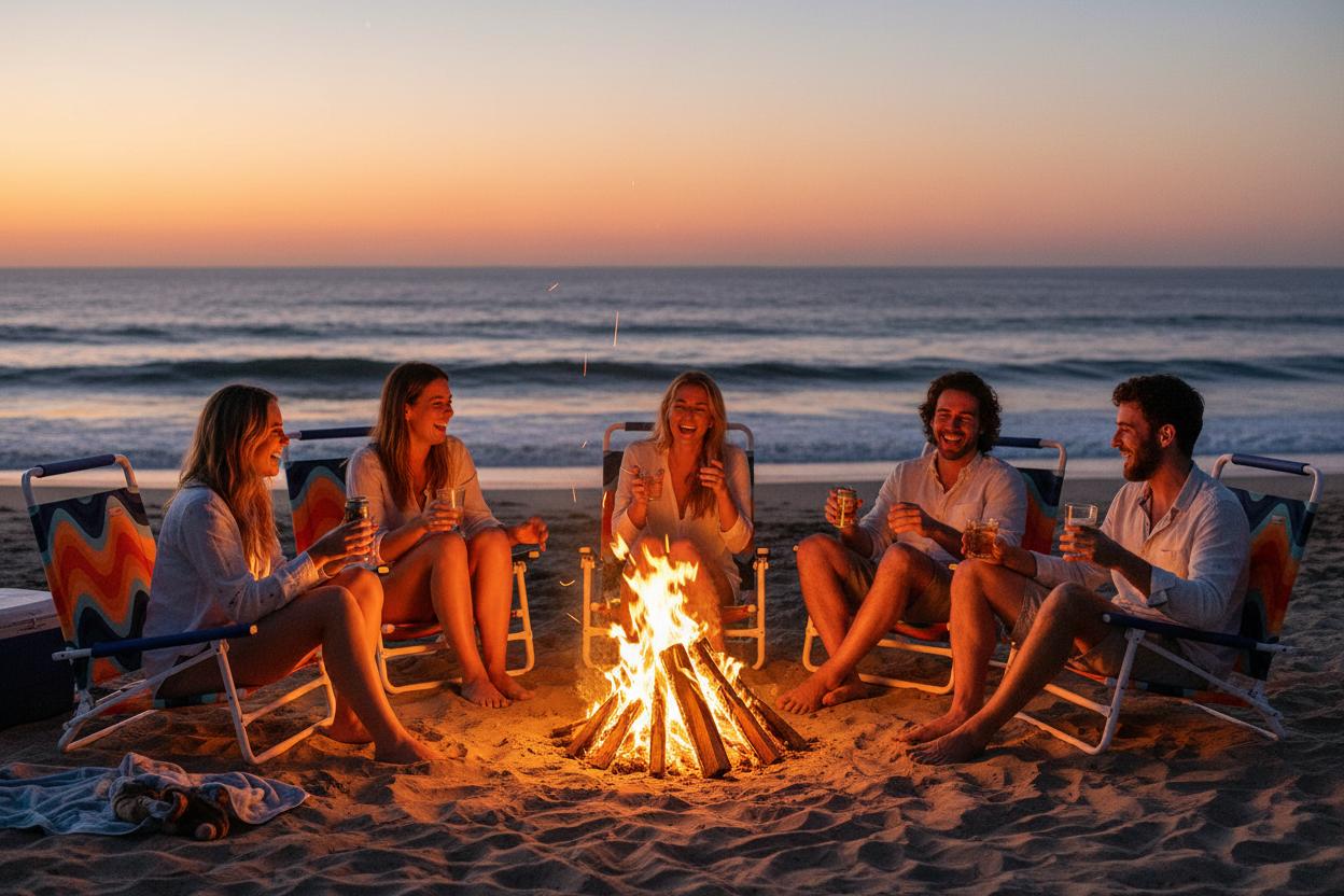 Group of people sitting around a campfire on a beach at sunset.