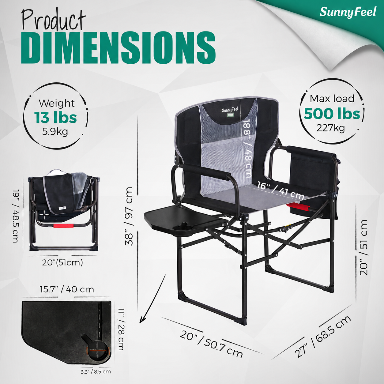 SUNNYFEEL Oversized Double Folding Camping Director Chair with Side Table for Compact Storage