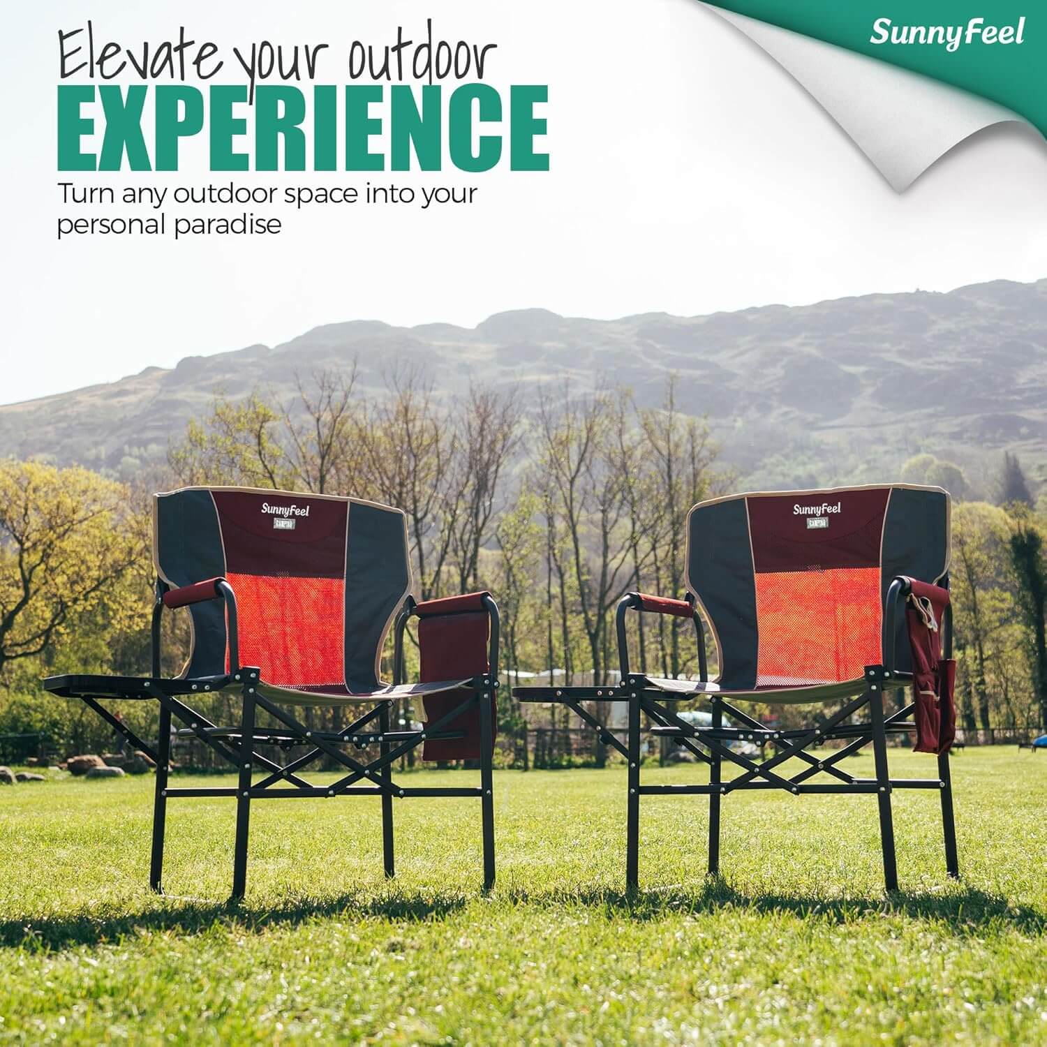 Two red and black chairs on a grassy field with mountains in the background, featuring SunnyFeel branding.