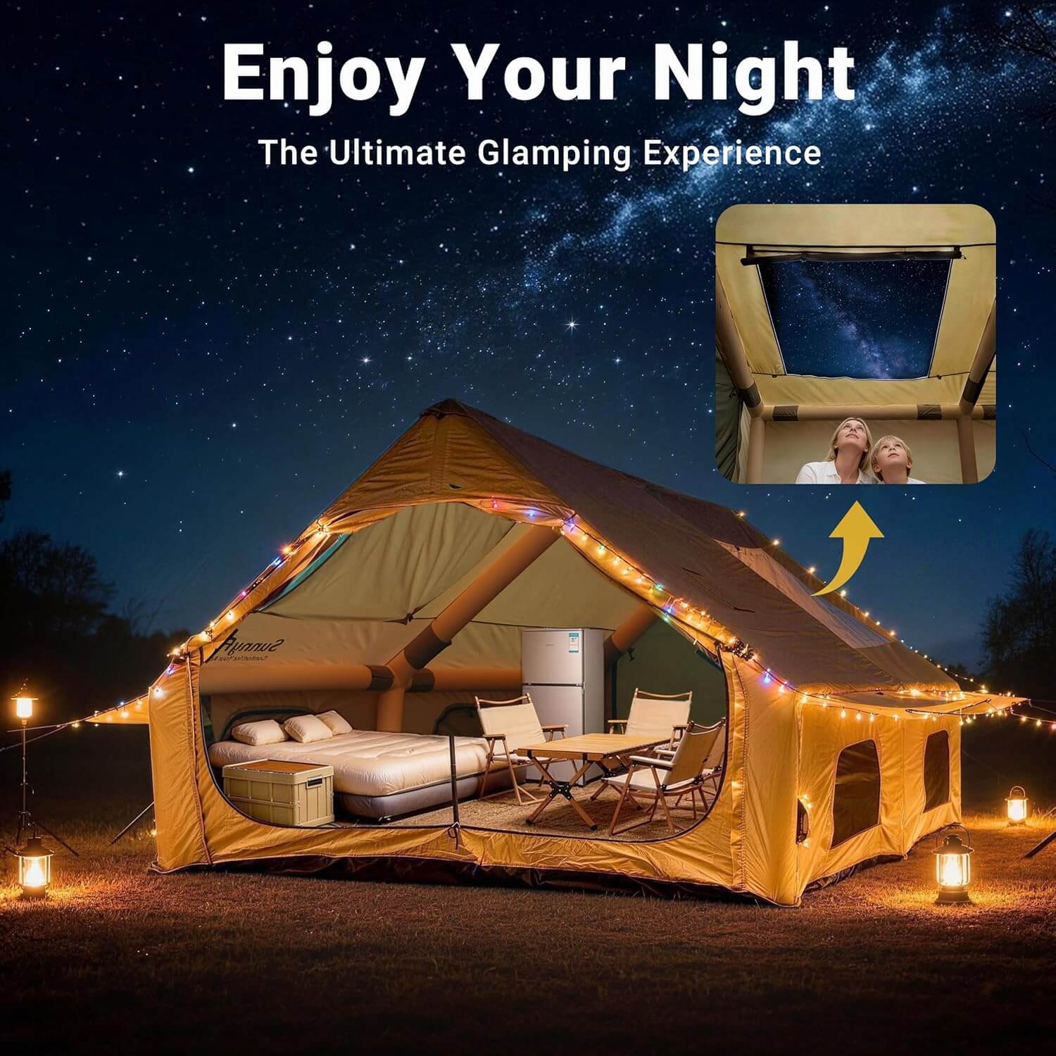 Luxury glamping tent with indoor setup under a starry sky, featuring text 'Enjoy Your Night: The Ultimate Glamping Experience'.