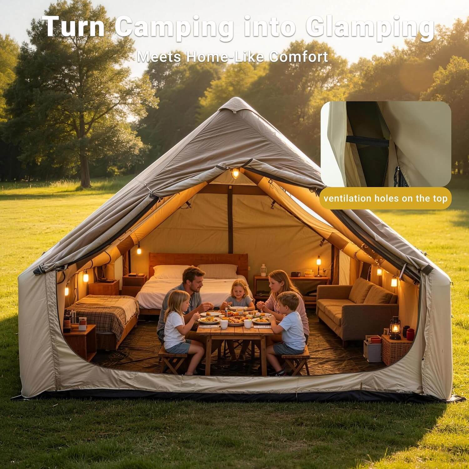 Family inside a large camping tent with interior lights on, surrounded by nature.