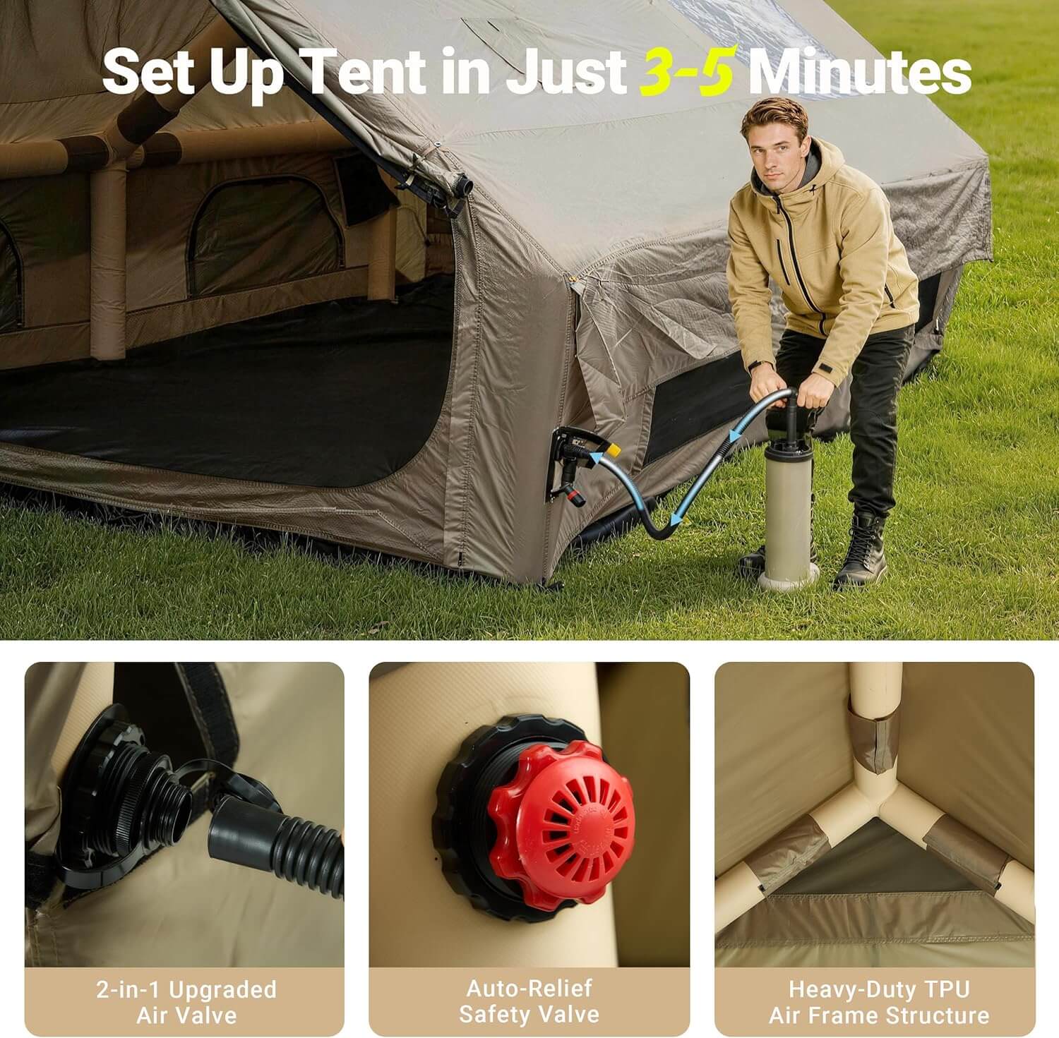 Person setting up a tent with text indicating quick setup time, featuring close-ups of tent components.