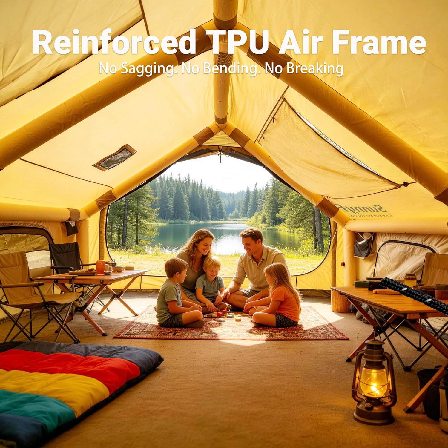 Family inside a tent with a scenic view outside, emphasizing a reinforced TPU air frame.